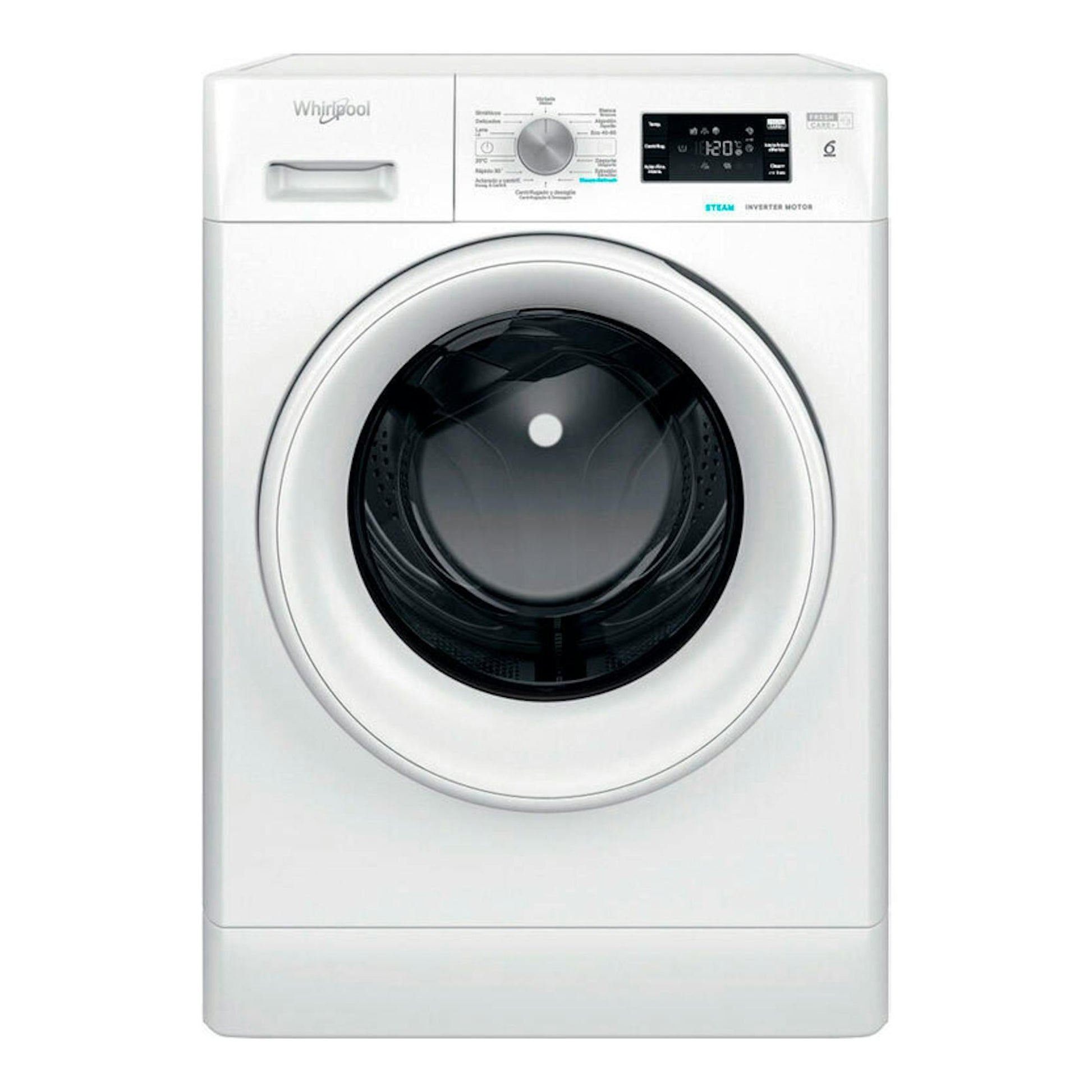 Lavadora frontal Whirlpool FFB10489WVSPT blanca, vista frontal, con puerta circular y panel digital.