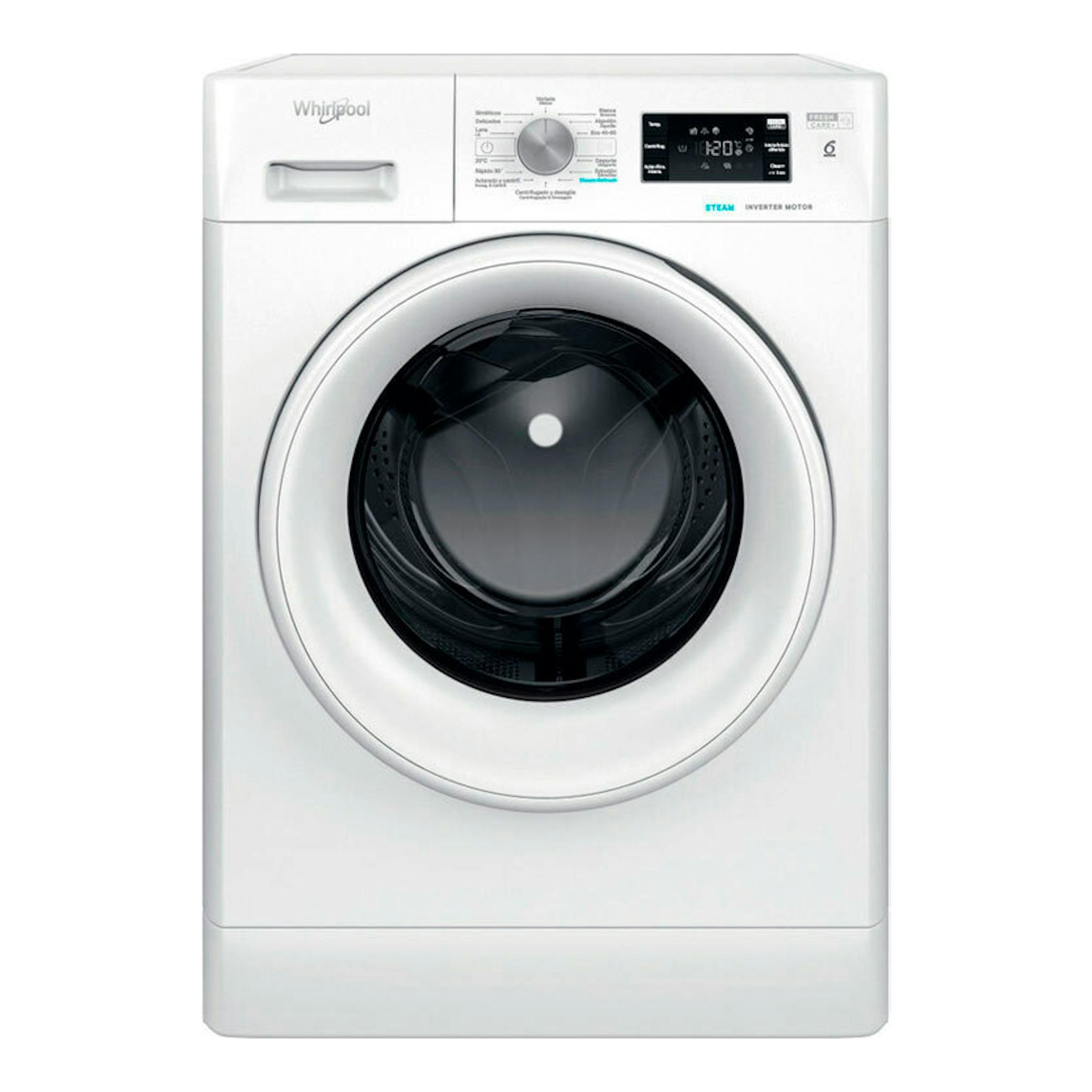 Lavadora frontal Whirlpool FFB10489WVSPT blanca, vista frontal, con puerta circular y panel digital.