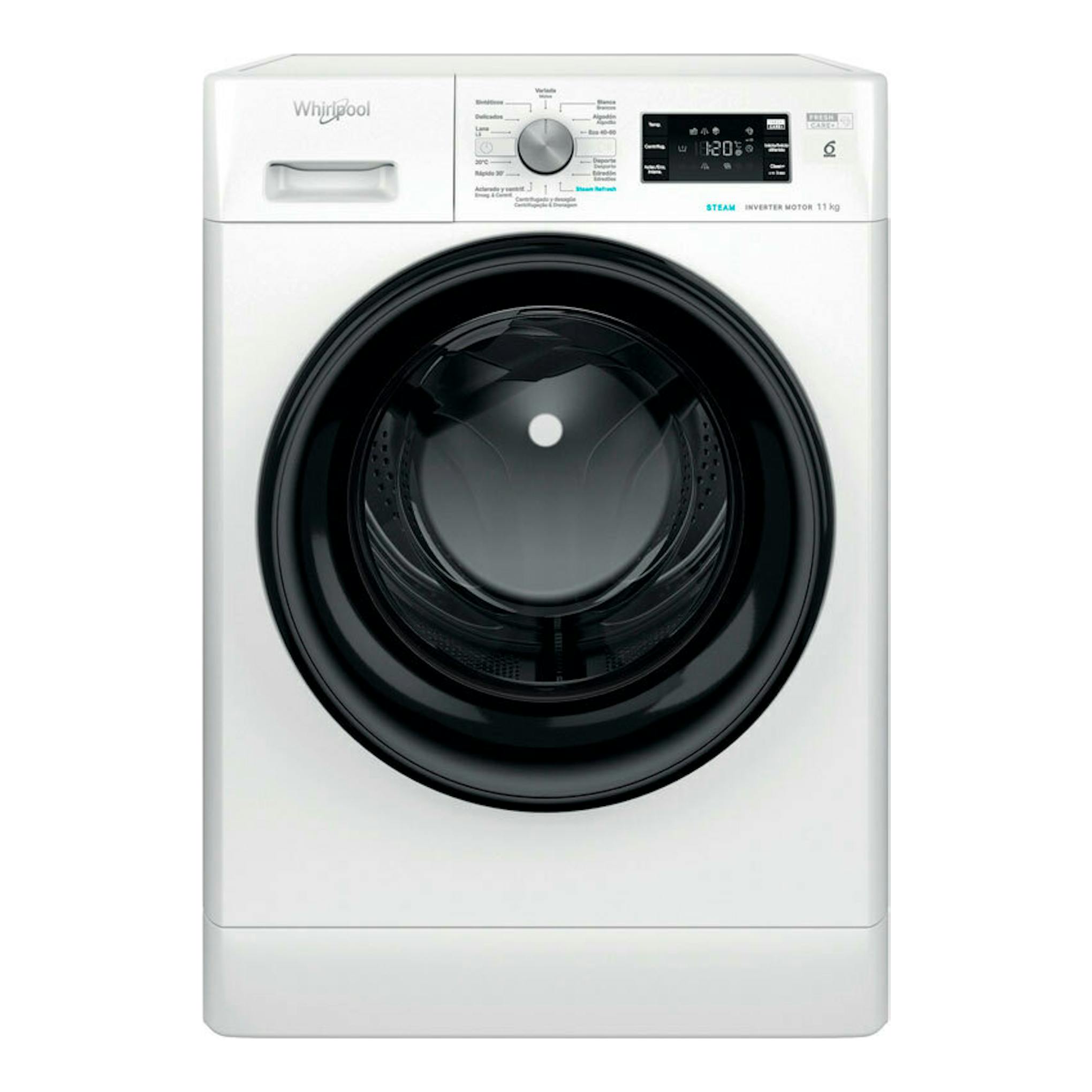 Lavadora frontal Whirlpool FFB11489BVSPT blanca, vista frontal, puerta negra y panel digital superior, 11 kg.