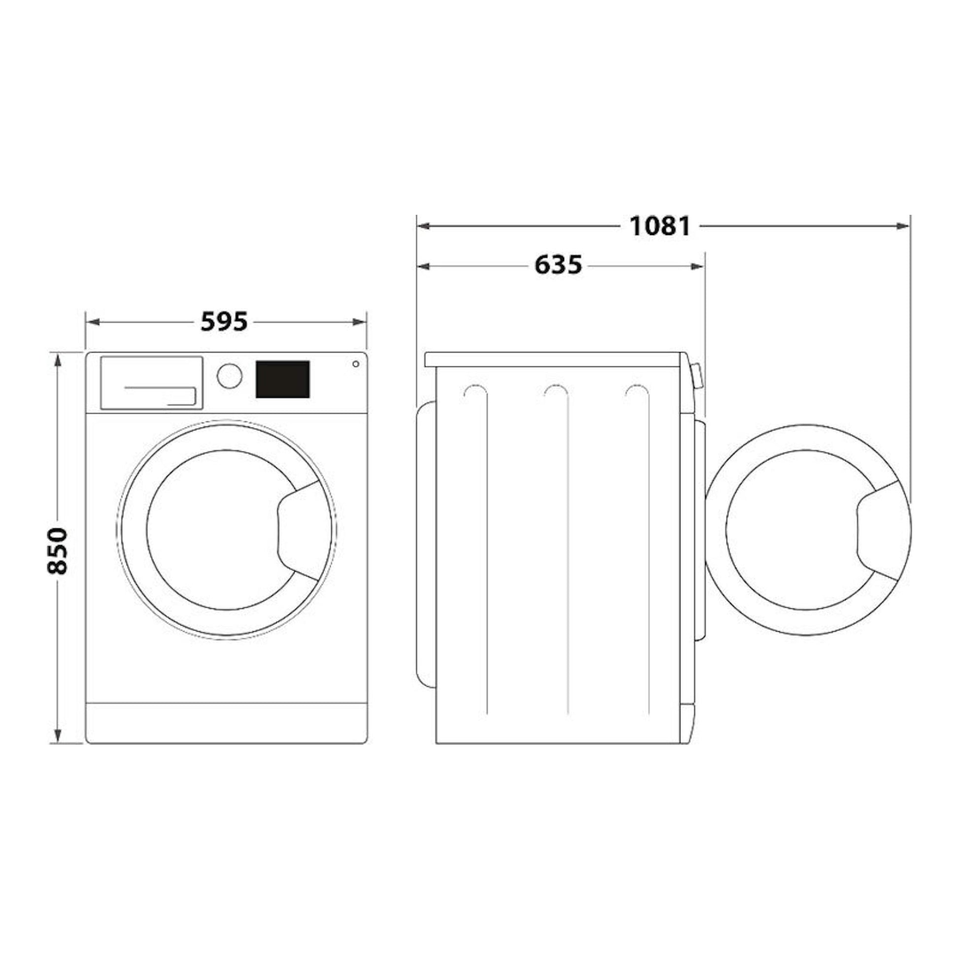 Lavadora Whirlpool FFB11489BVSPT, dibujo técnico en vista frontal y lateral con medidas 595, 850, 635 y 1081.