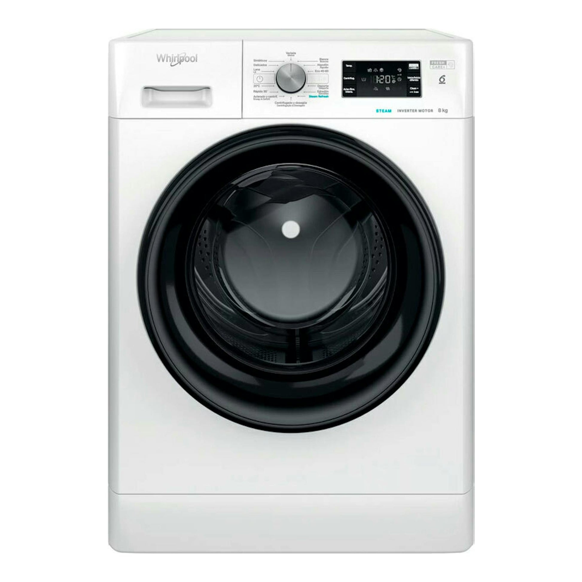 Lavadora frontal Whirlpool FFB8489BVSPT blanca, vista frontal, puerta negra y panel digital, 8 kg.