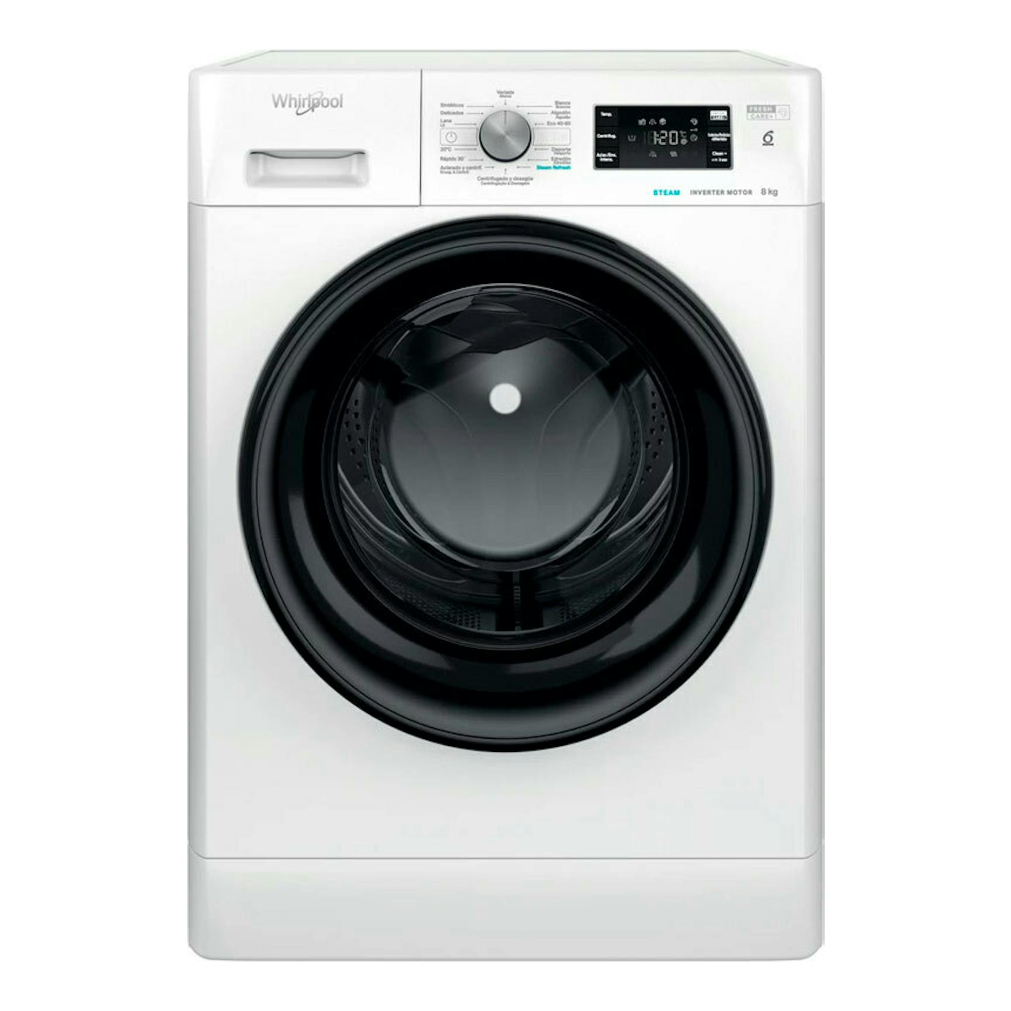Lavadora frontal Whirlpool FFB8489BVSPT blanca, vista frontal, puerta negra y panel digital, 8 kg.