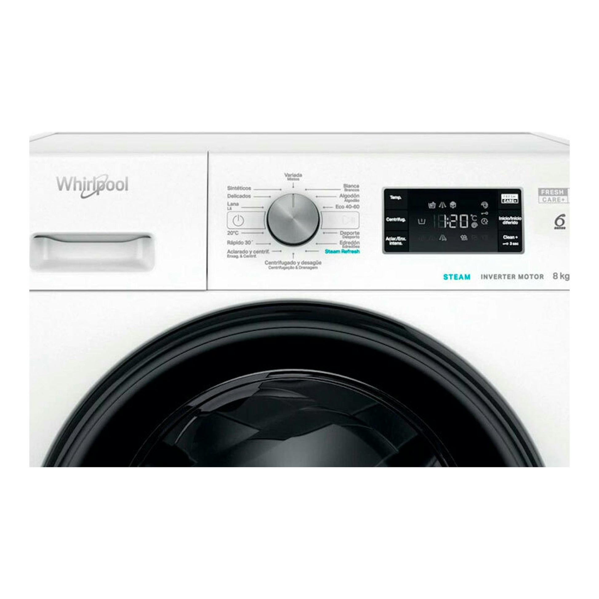 Lavadora Whirlpool FFB8489BVSPT blanca, vista frontal, con puerta negra y panel digital.