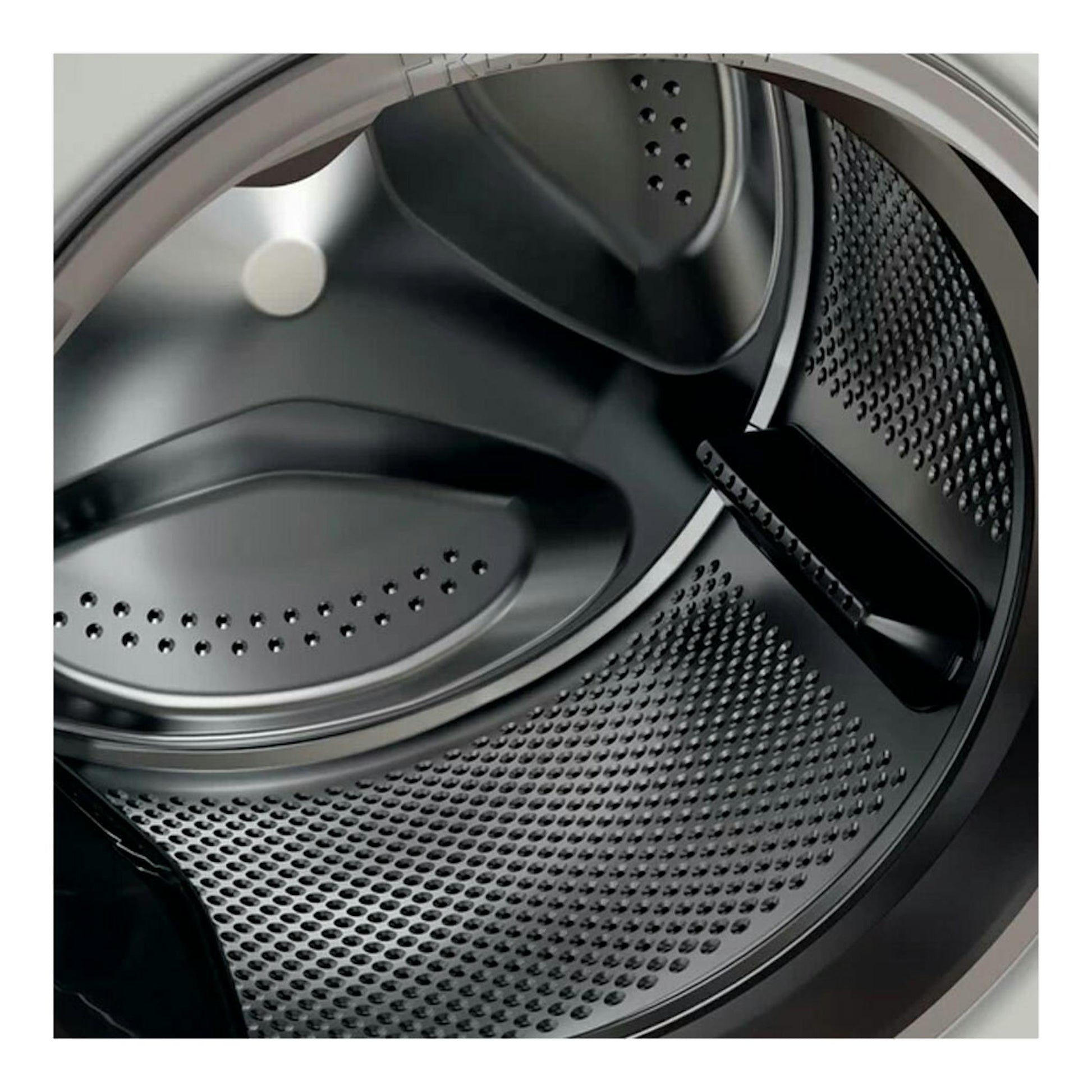 Interior del tambor de lavadora Whirlpool FFB8489BVSPT, vista en primer plano, acero inoxidable.