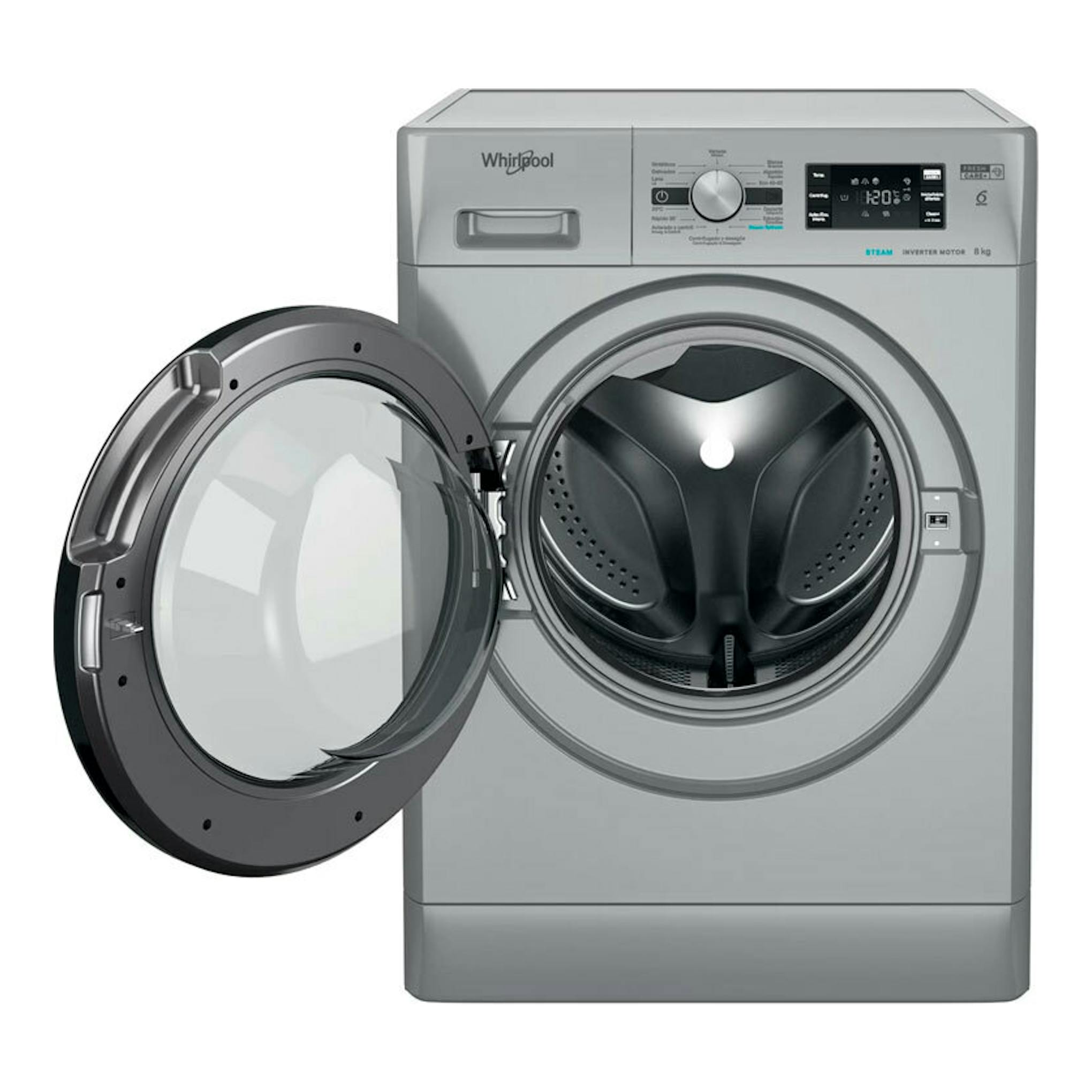 Lavadora frontal Whirlpool FFB8489SBVSPT de 8 kg, gris, con puerta abierta, vista frontal.