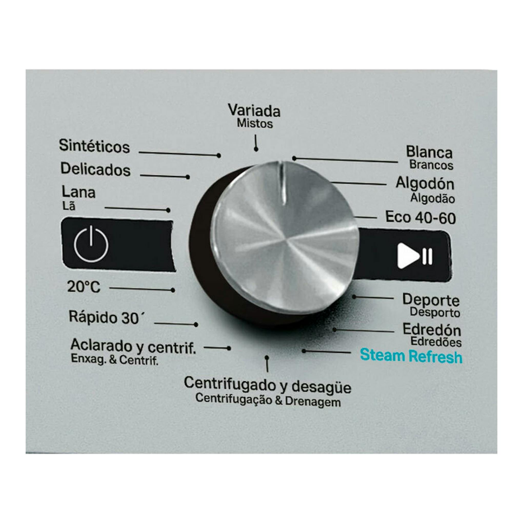 Primer plano del panel de control de una lavadora Whirlpool FFB8489SBVSPT, con perilla plateada y programas.