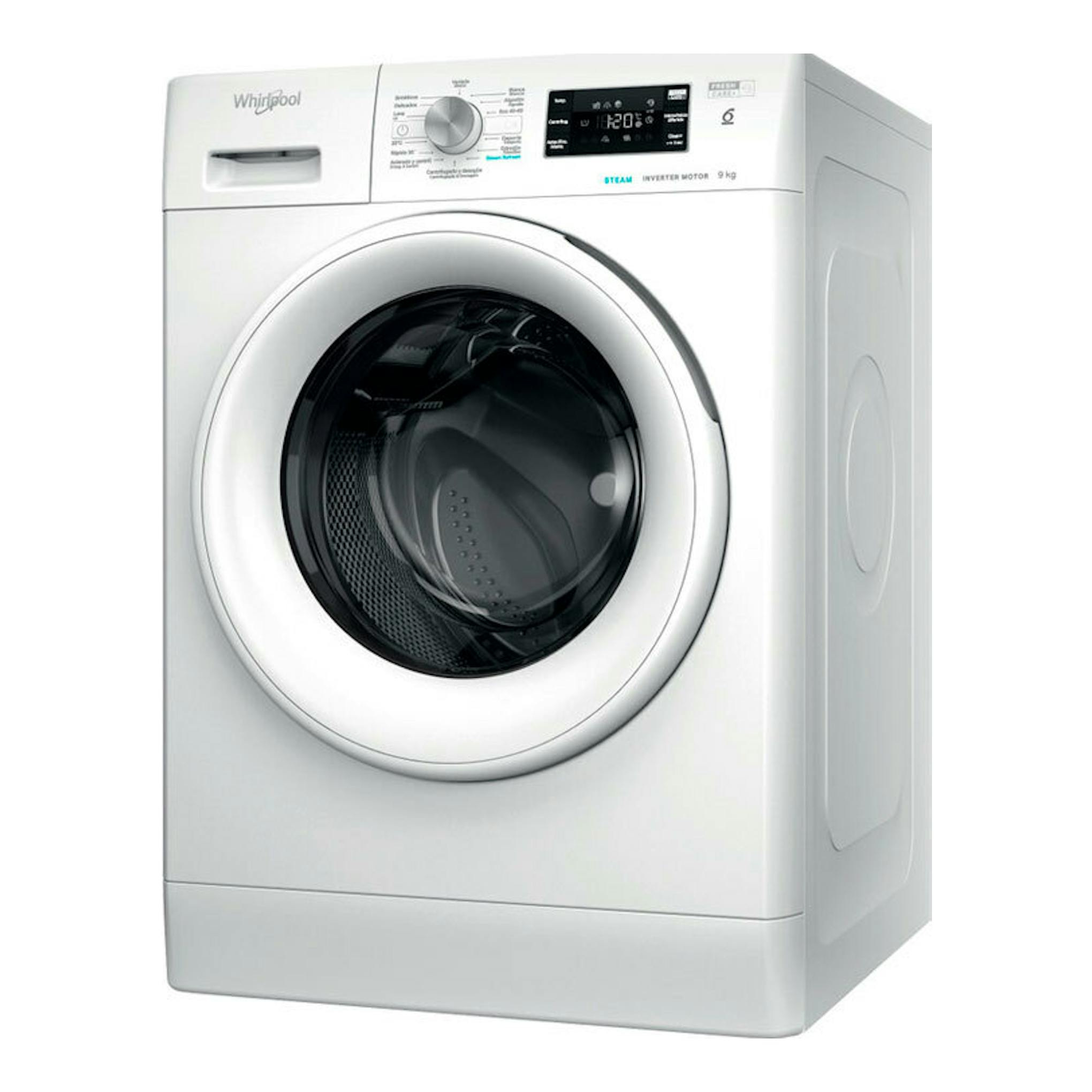 Lavadora Whirlpool FFB9269WVSP blanca de carga frontal, vista frontal en ángulo, 9 kg.