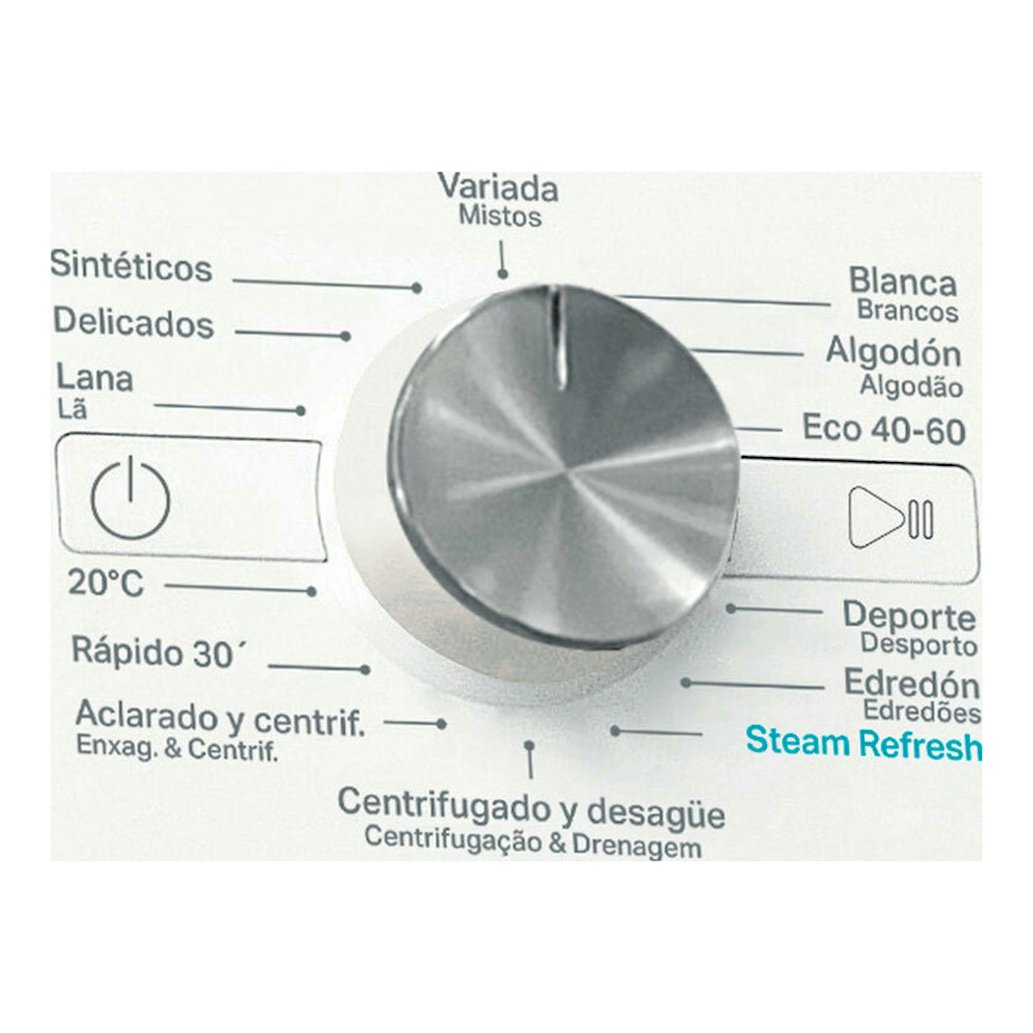 Panel frontal de lavadora Whirlpool FFB9269WVSP, con selector giratorio y programas en español.