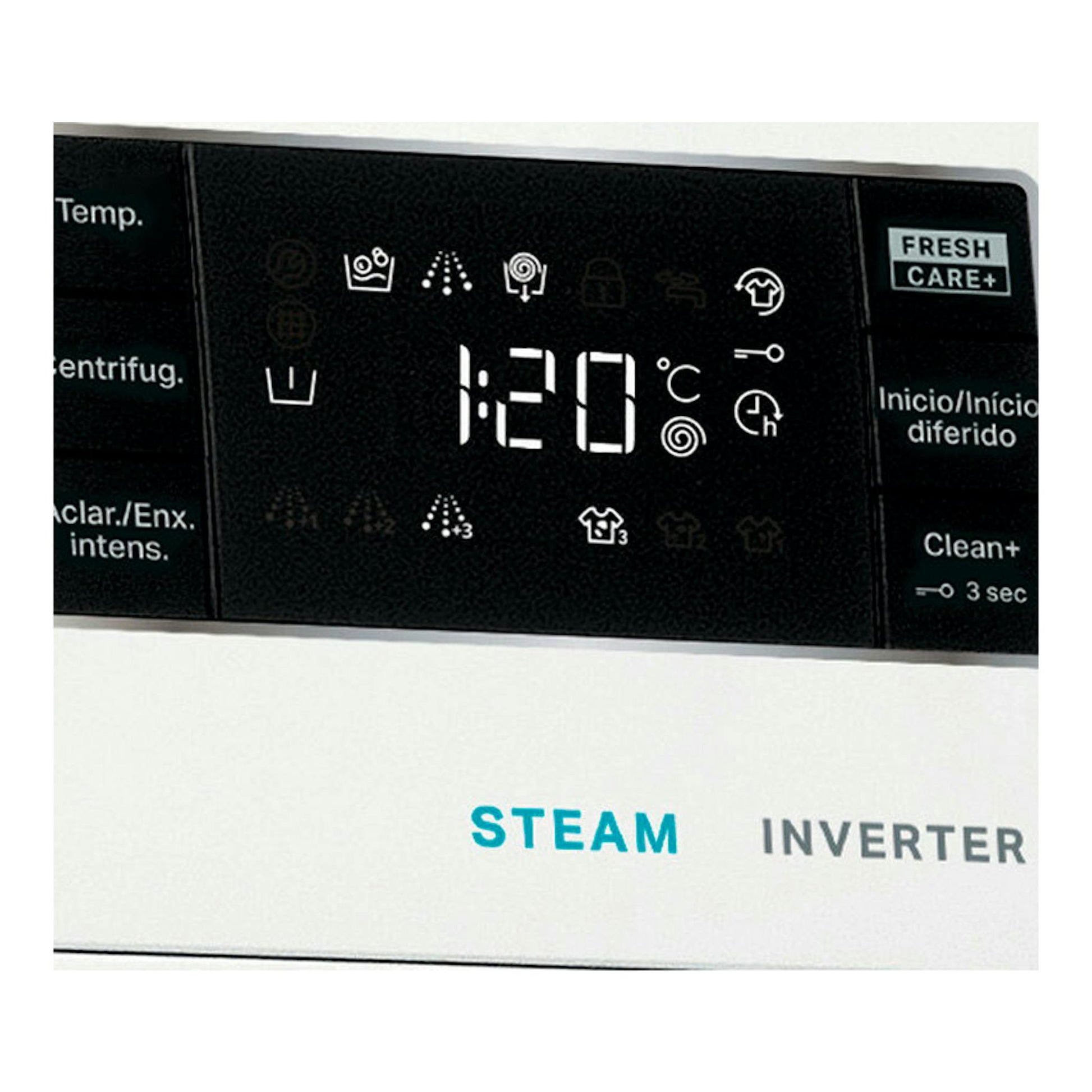 Primer plano frontal del panel de lavadora Whirlpool FFB9269WVSP blanca, con display digital y opciones Steam/Inverter.