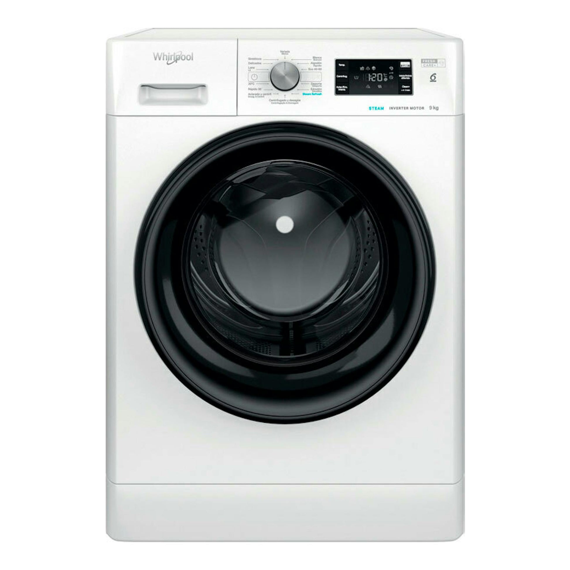 Lavadora frontal Whirlpool blanca de 9 kg, vista frontal, con puerta negra y panel digital superior.