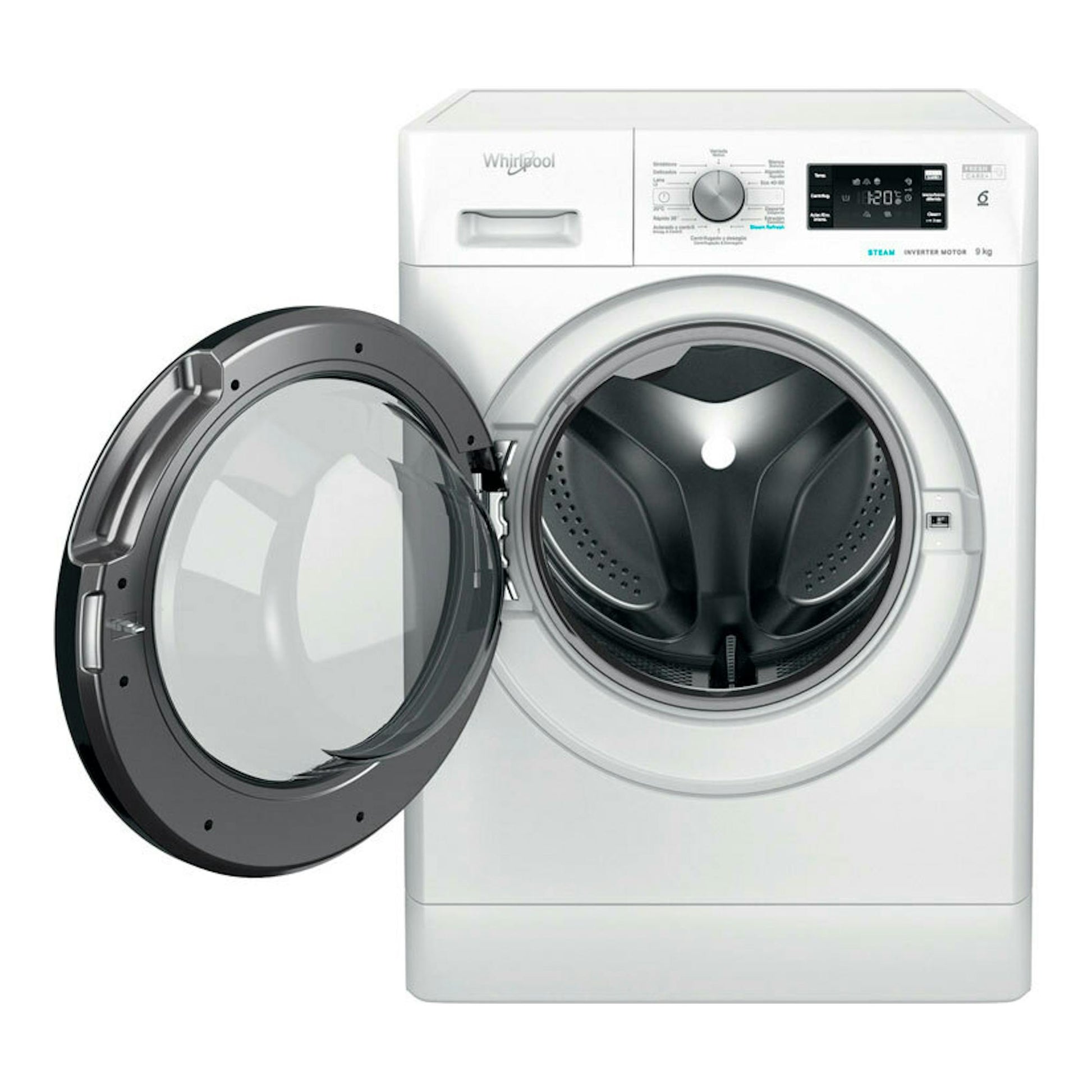 Lavadora Whirlpool FFB9489BVSPT blanca, vista frontal, con puerta de carga frontal abierta y panel digital.