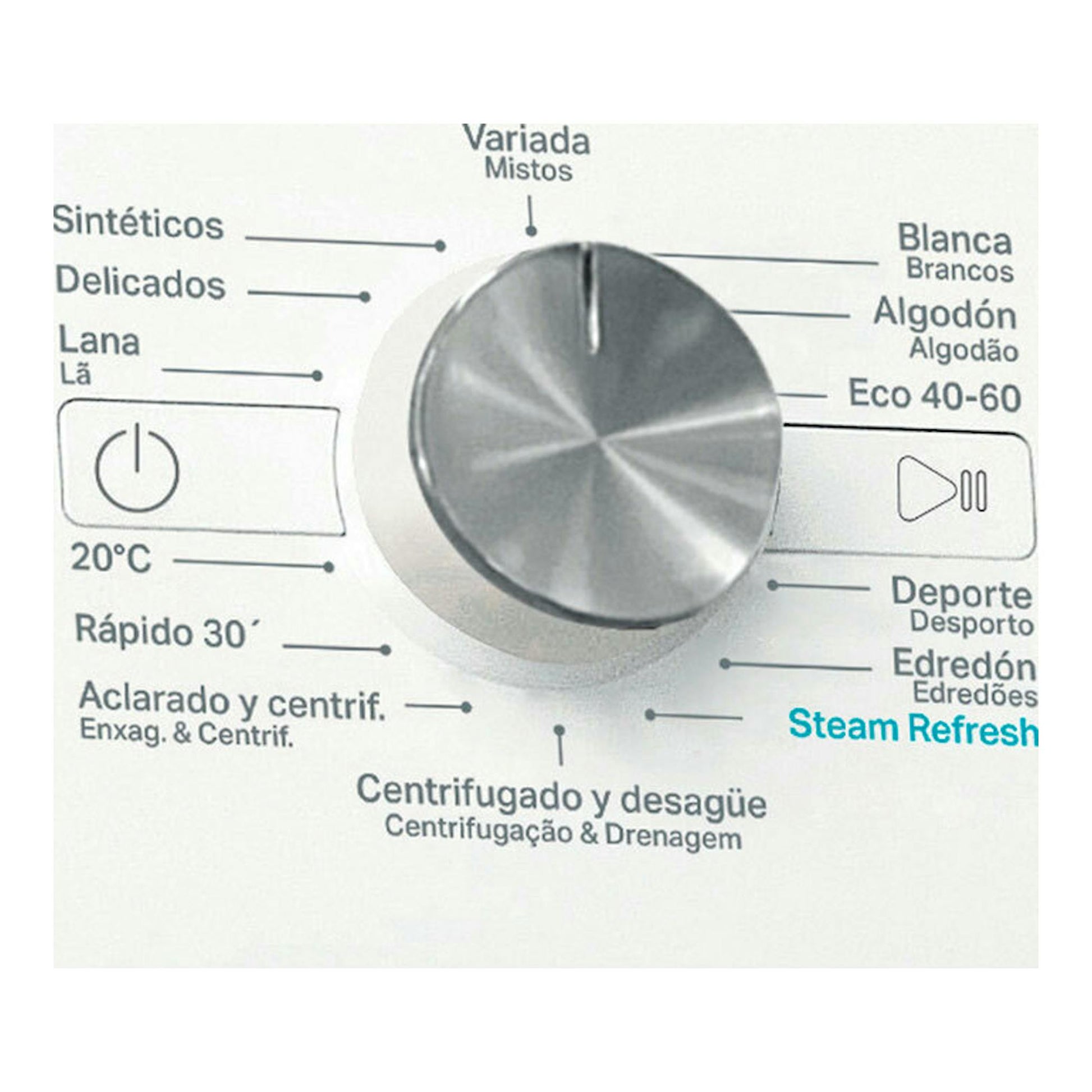 Whirlpool FFB9489WVSPT: primer plano frontal del selector de programas de una lavadora blanca, con mando plateado.