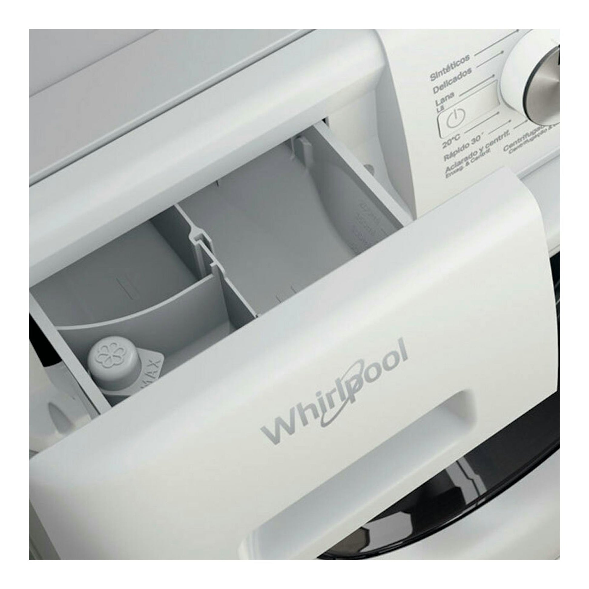Lavadora Whirlpool FFB9489WVSPT blanca, vista frontal parcial con cajón de detergente abierto.