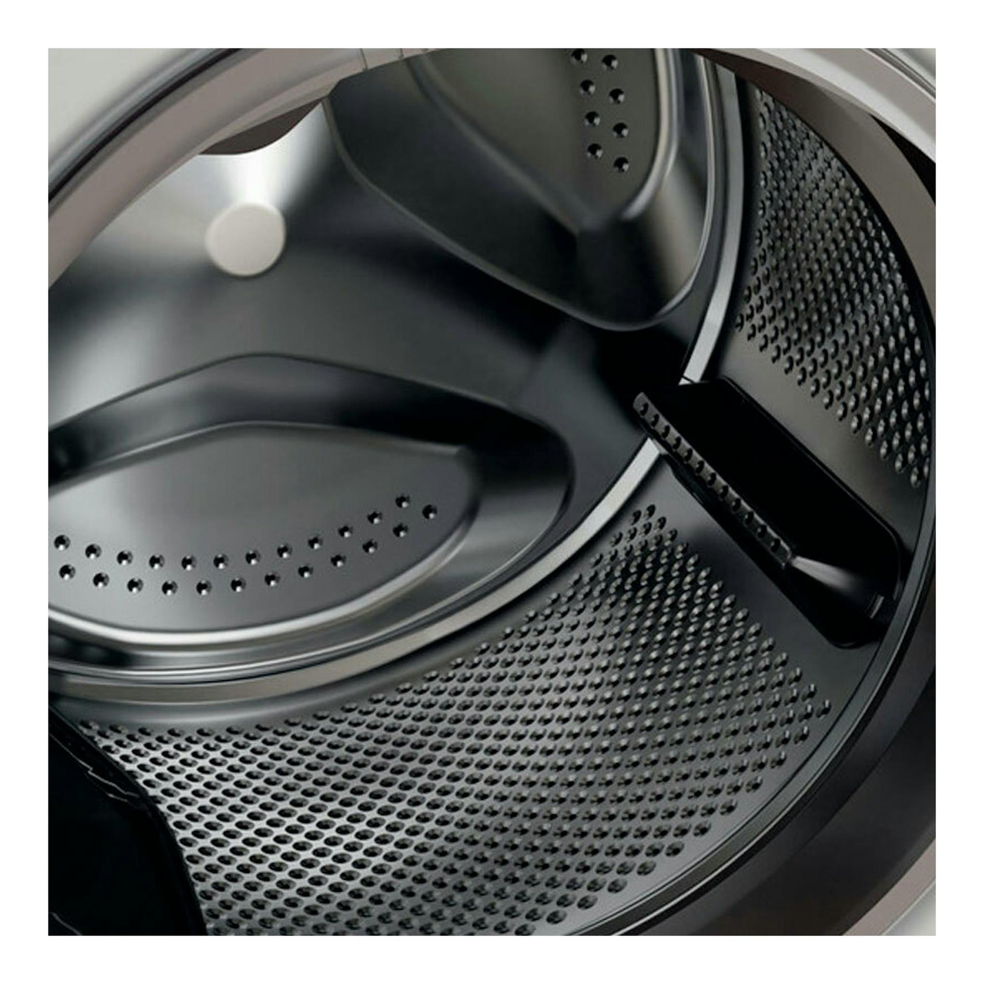 Interior del tambor de una lavadora Whirlpool FFB9489WVSPT 9Kg, vista frontal en acero inoxidable.