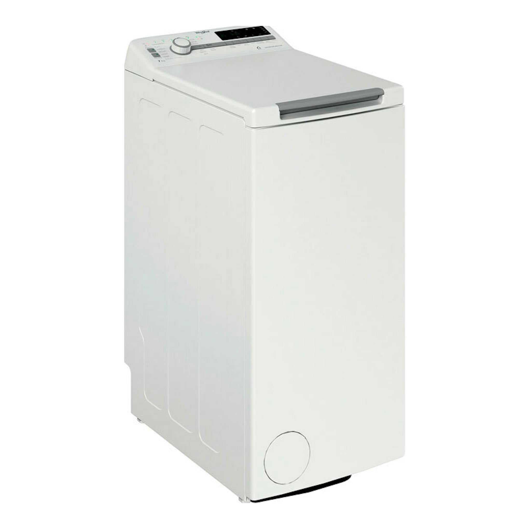 Lavadora Whirlpool TDLR 7231BS SPT blanca, vista frontal derecha en ángulo, carga superior.