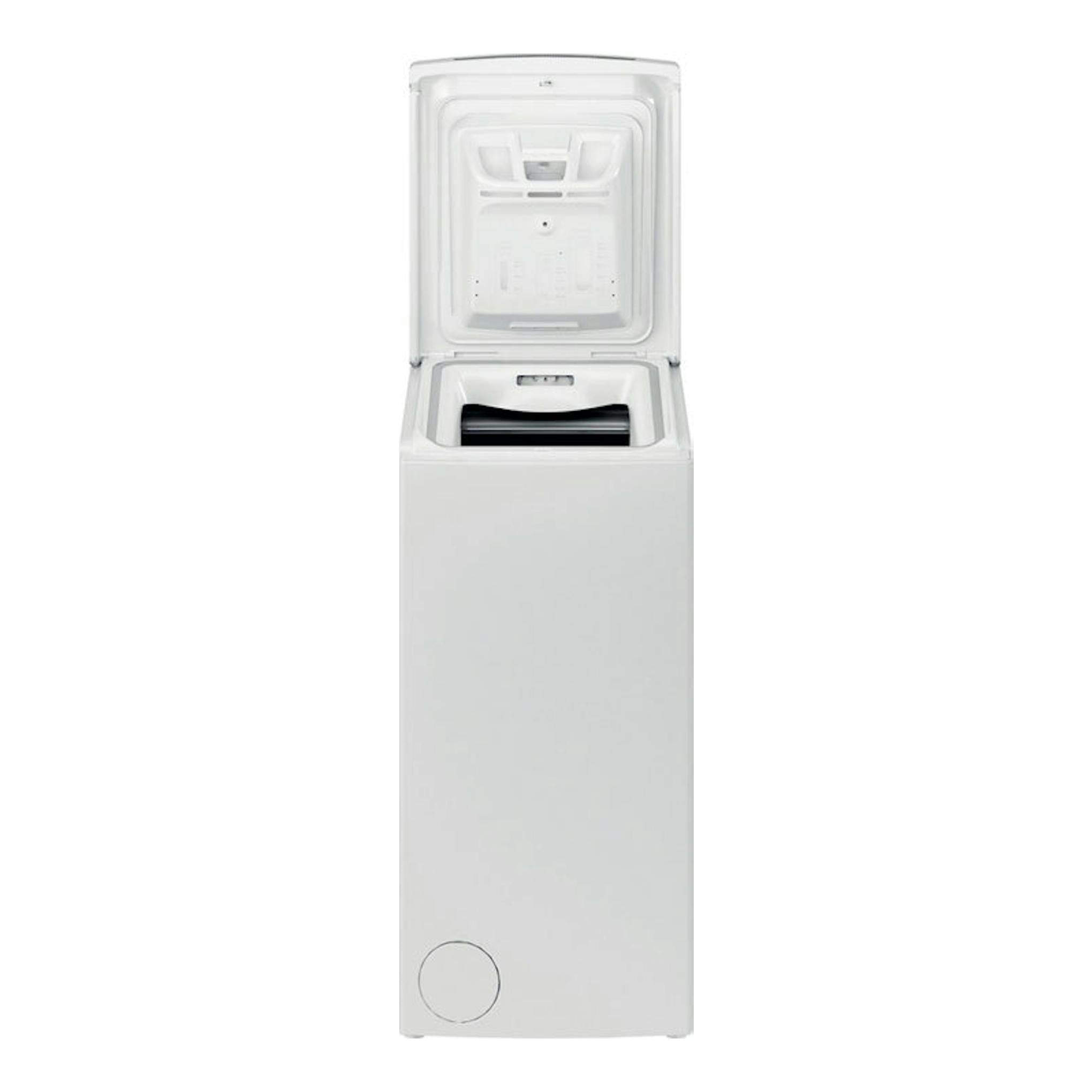Lavadora Whirlpool TDLR7220LSSPN blanca, vista frontal, con tapa superior abierta.