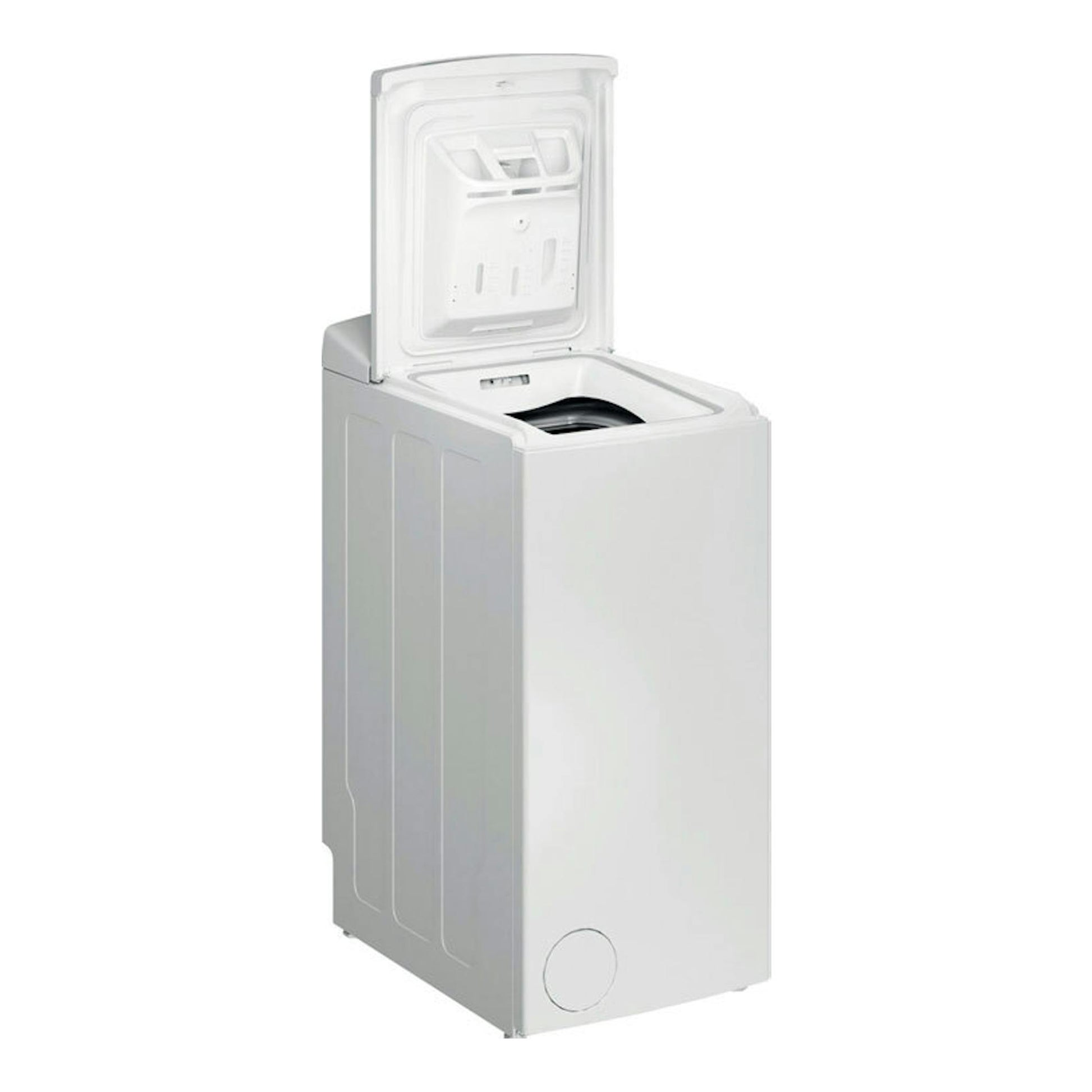 Lavadora Whirlpool TDLR7220LSSPN blanca de carga superior, vista frontal izquierda con tapa abierta.