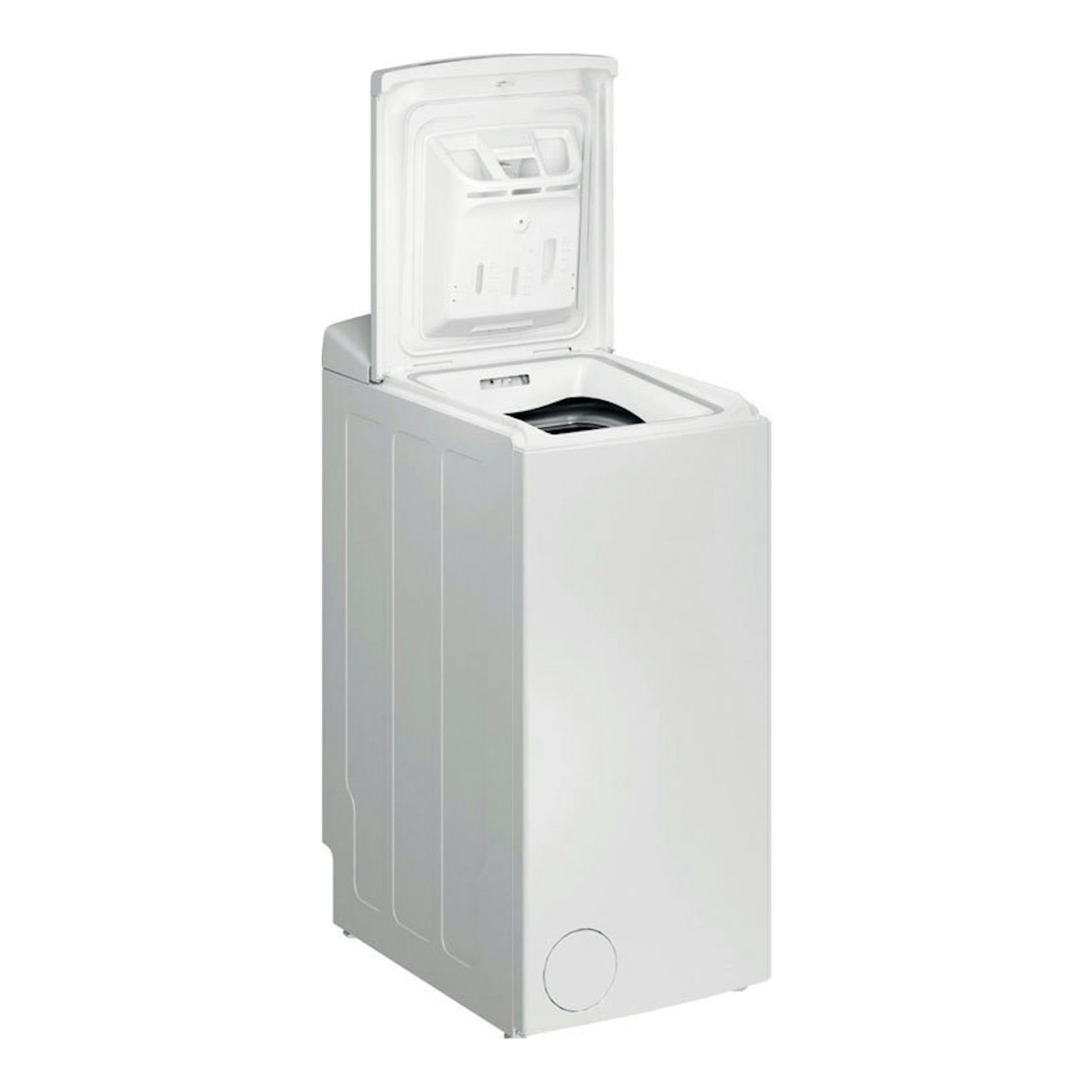 Lavadora Whirlpool TDLR7220LSSPN blanca de carga superior, vista frontal izquierda con tapa abierta.