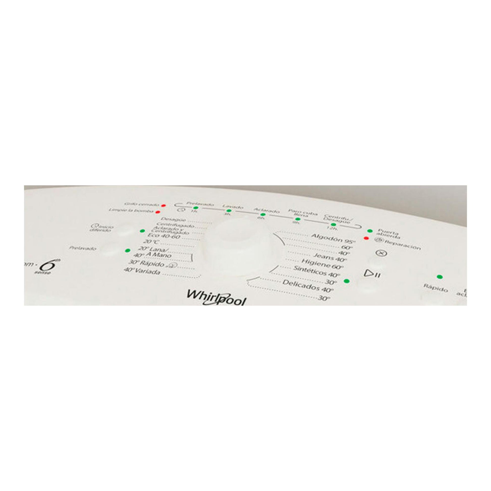 Lavadora Whirlpool TDLR7220LSSPN blanca, vista superior inclinada del panel de control.