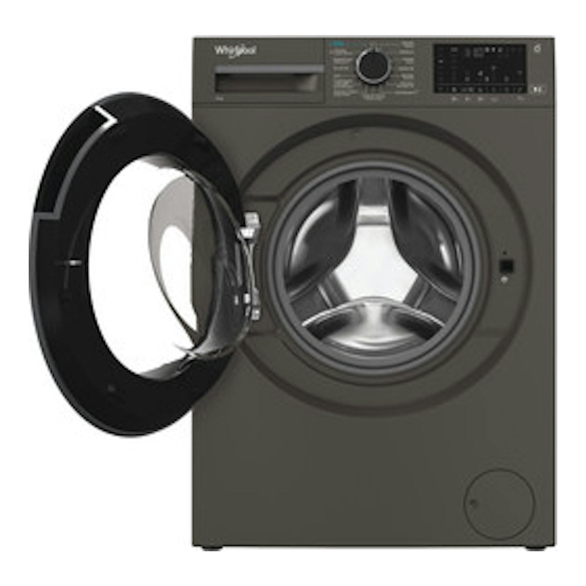 Lavadora Whirlpool WAM 07GB SPT gris, vista frontal, con puerta abierta y panel de control superior.