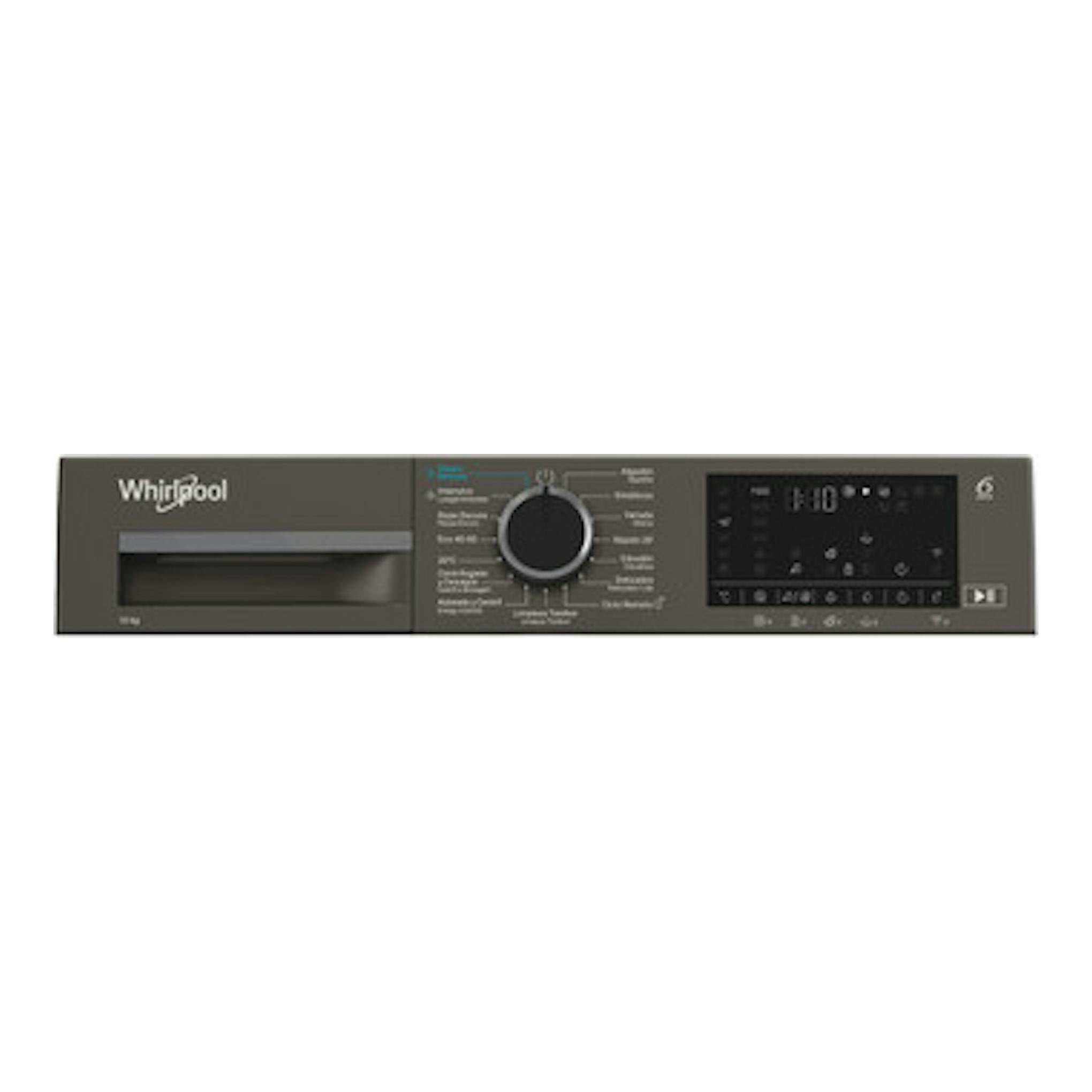 Vista frontal del panel de control de lavadora Whirlpool WAM 07GB SPT, gris oscuro, con selector central y pantalla digital.
