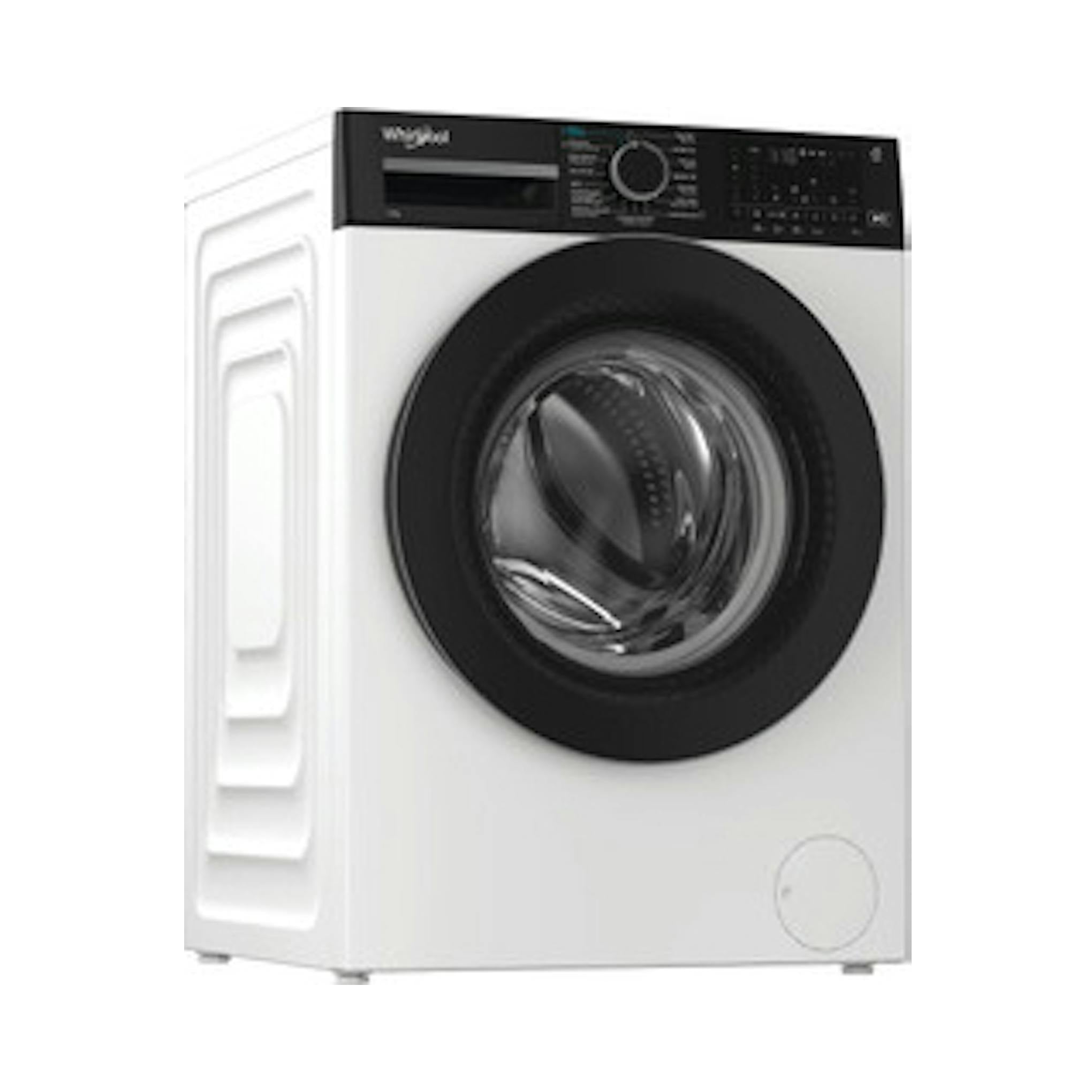Lavadora Whirlpool WAM 27WB SPT blanca de carga frontal, vista en ángulo, sobre fondo blanco.
