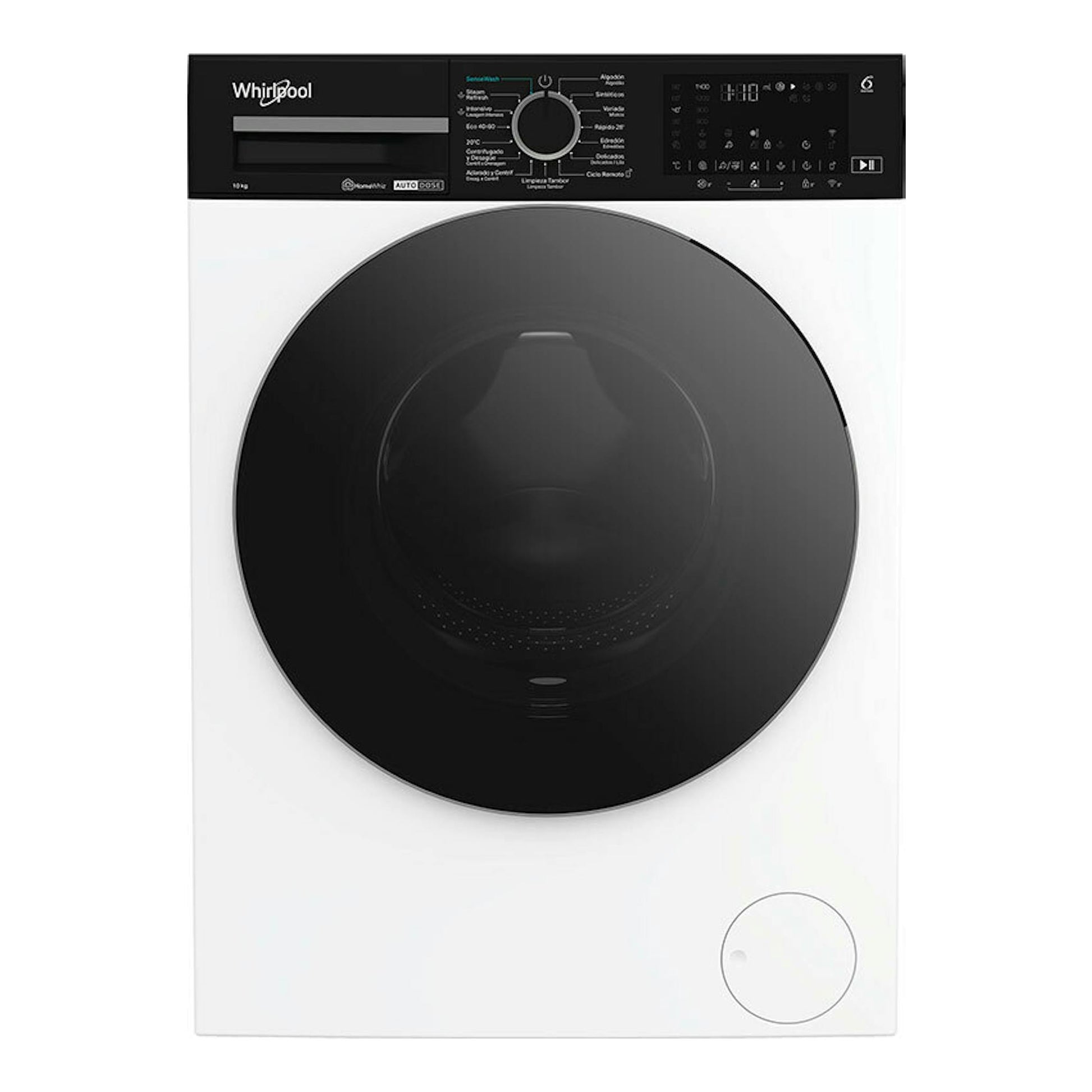Lavadora frontal Whirlpool WPM07WADSSPT 10 kg, vista frontal, blanca con puerta negra y panel digital superior.