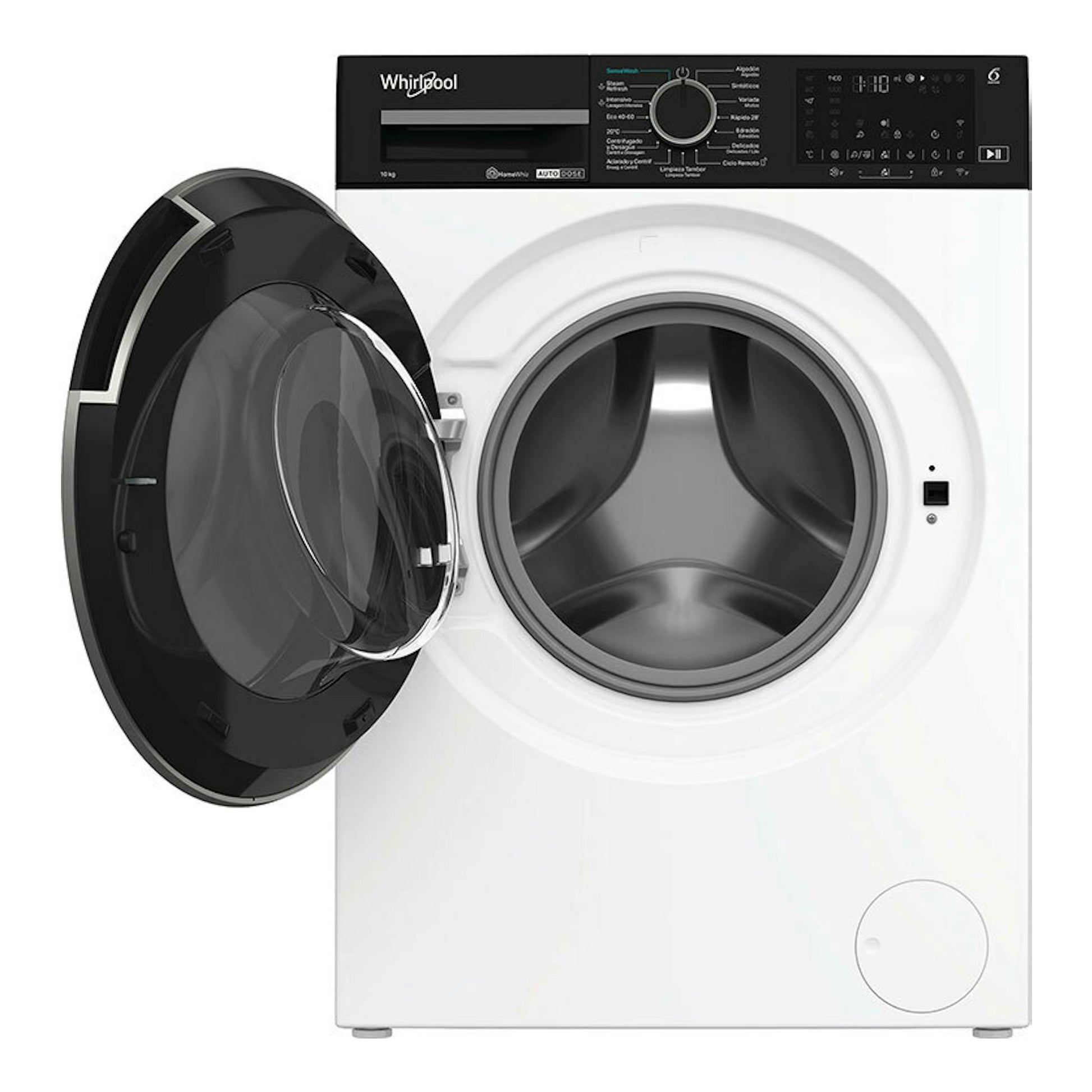 Lavadora frontal Whirlpool WPM07WADSSPT blanca, 10 kg, con puerta negra abierta y panel superior negro.