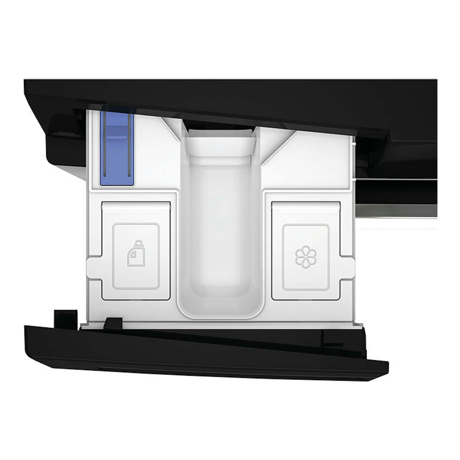 Lavadora Whirlpool WPM07WADSSPT 10 kg, vista frontal del cajón dispensador blanco y negro abierto.