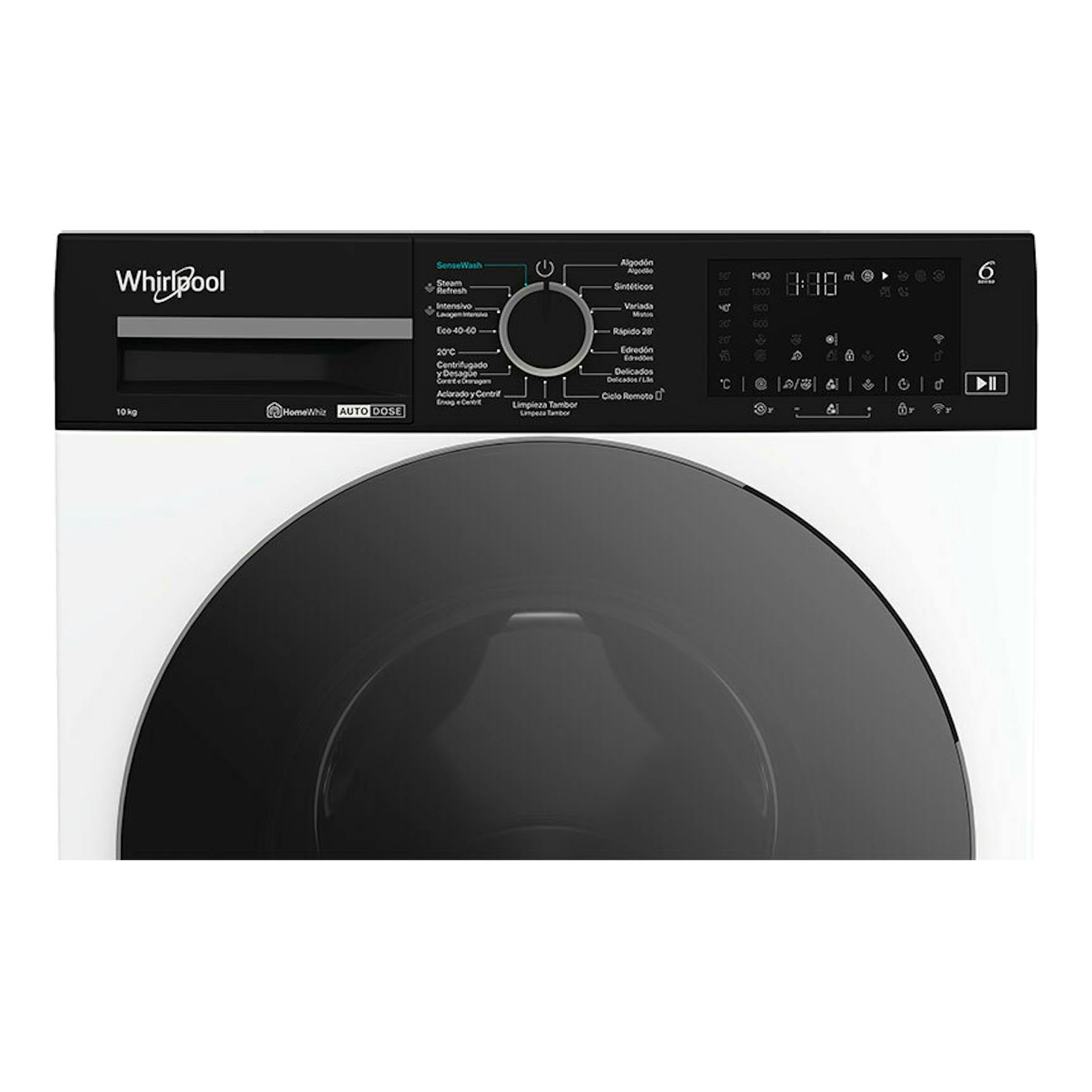 Lavadora Whirlpool WPM07WADSSPT negra, vista frontal, con panel digital y puerta circular.