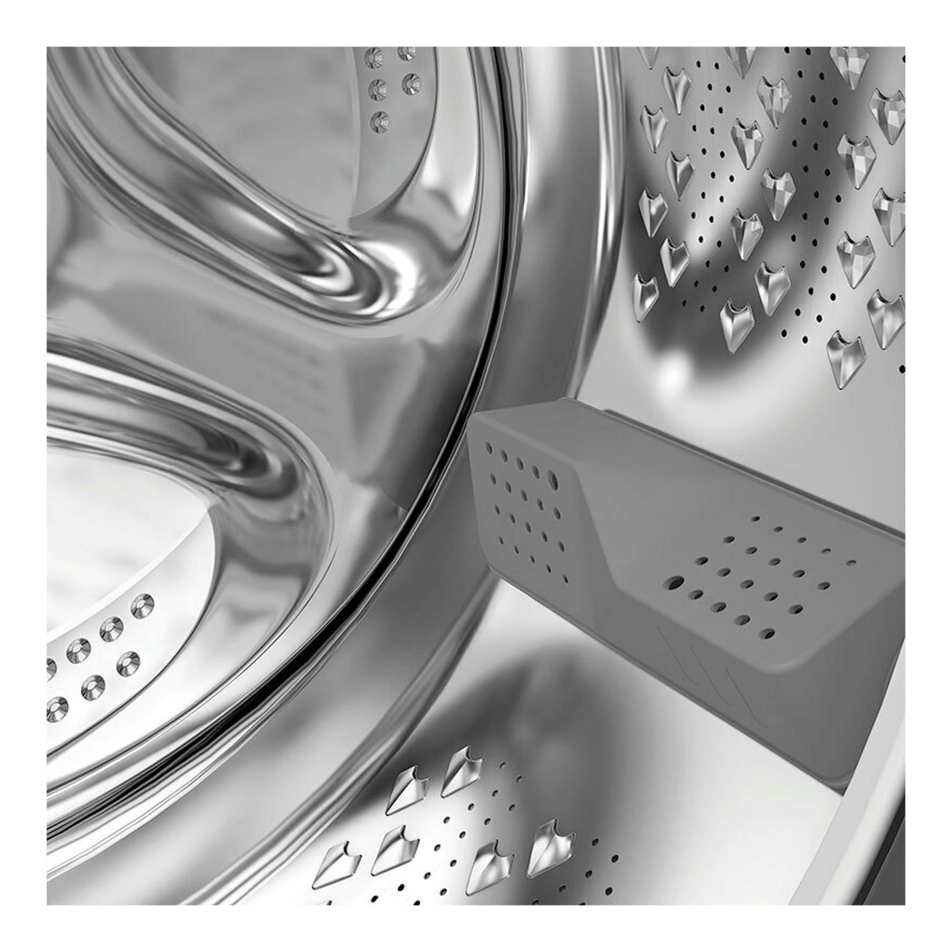 Interior de lavadora Whirlpool WPM07WADSSPT, tambor de acero inoxidable en primer plano.