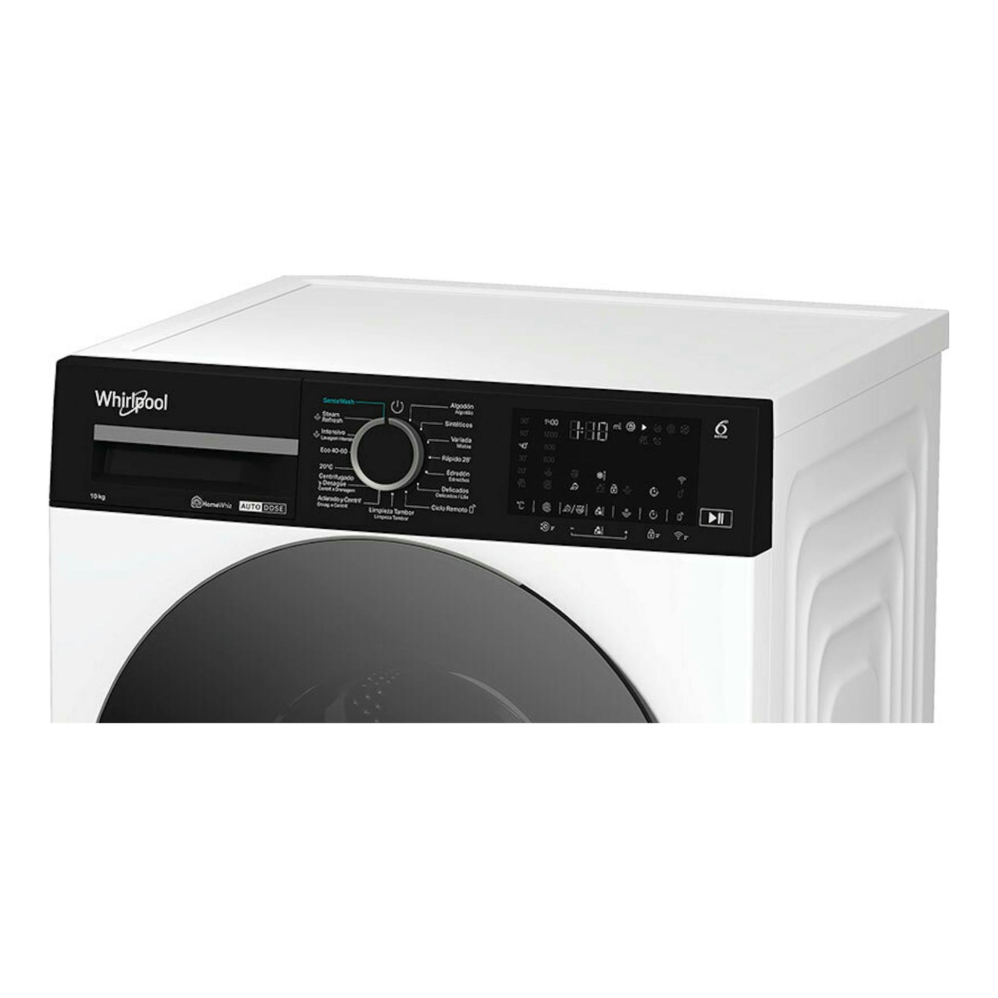 Lavadora Whirlpool WPM07WADSSPT blanca, vista frontal en ángulo, con panel negro y puerta circular.