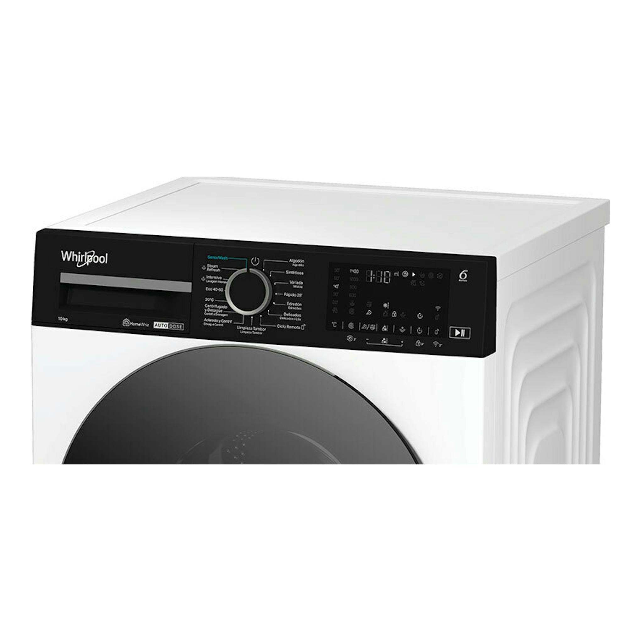 Lavadora Whirlpool WPM07WADSSPT blanca, vista frontal en ángulo, con panel negro y puerta circular.