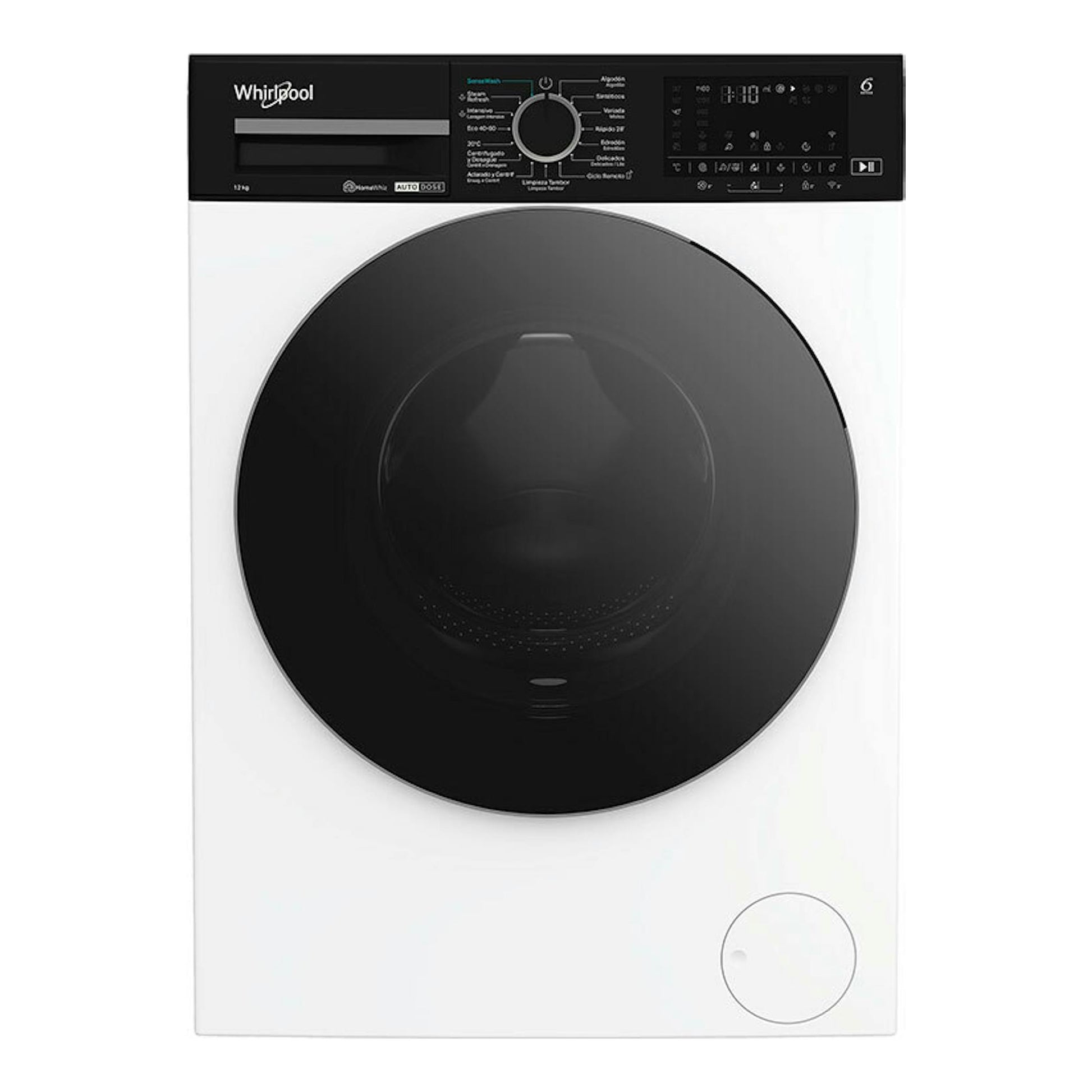 Lavadora Whirlpool WPM27WADSSPT de 12 kg, blanca, vista frontal, con puerta negra y panel negro.