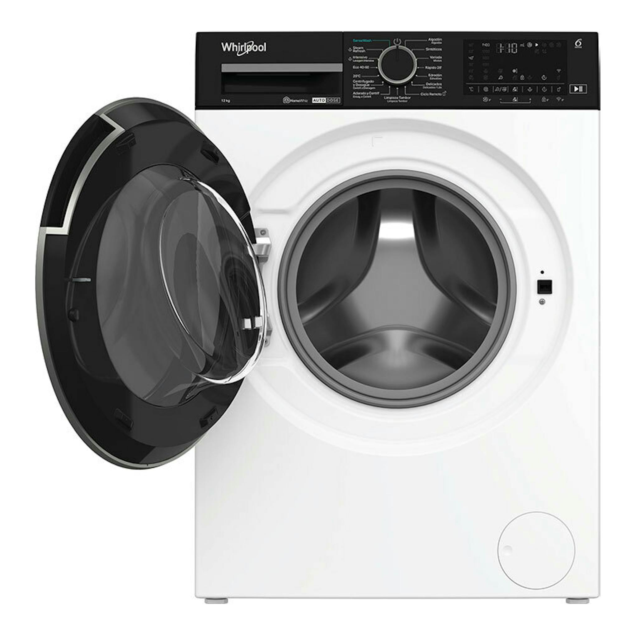 Lavadora Whirlpool WPM27WADSSPT de 12 kg, vista frontal, blanca con panel negro y puerta abierta.