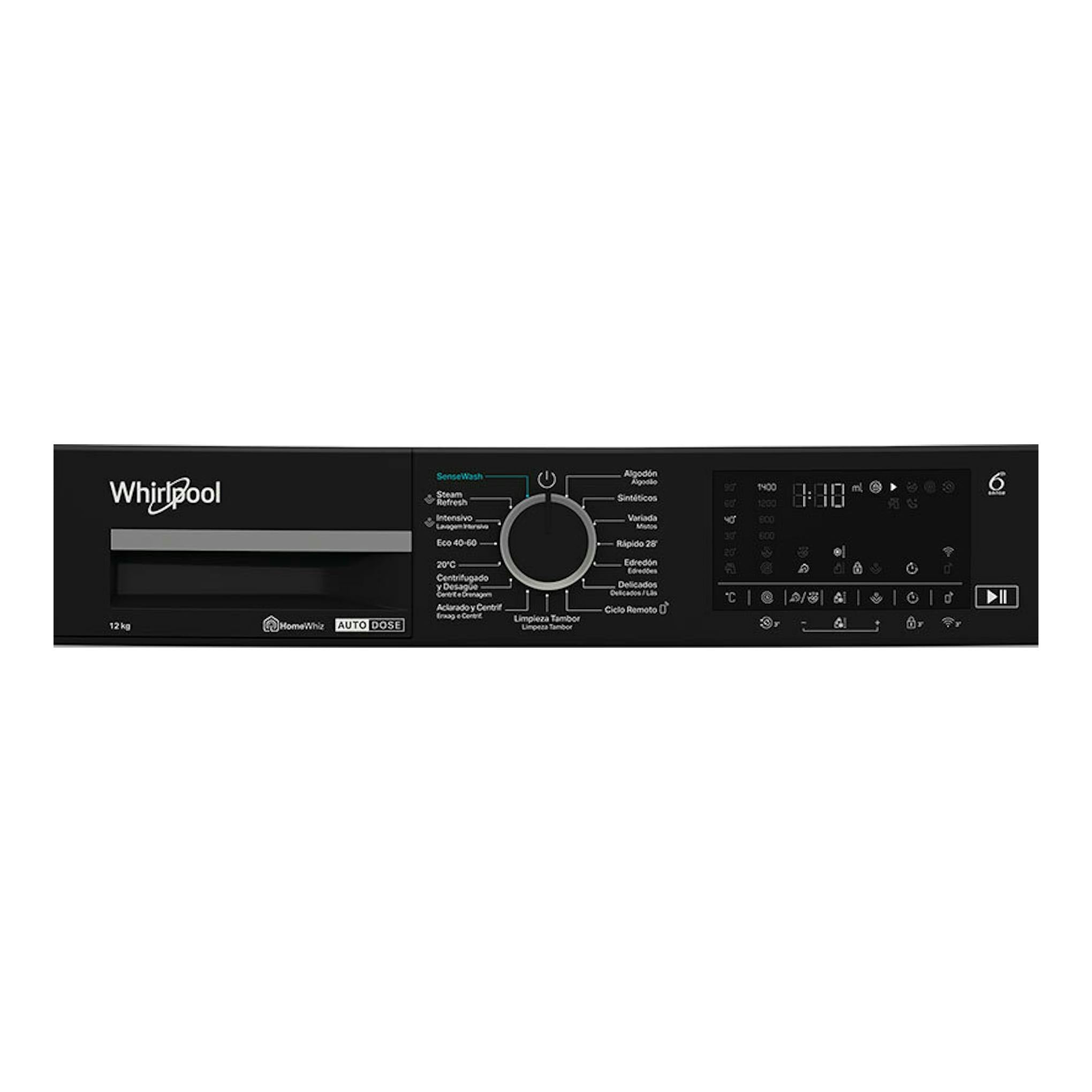 Lavadora Whirlpool WPM27WADSSPT negra, vista frontal del panel de control con perilla central y pantalla digital.
