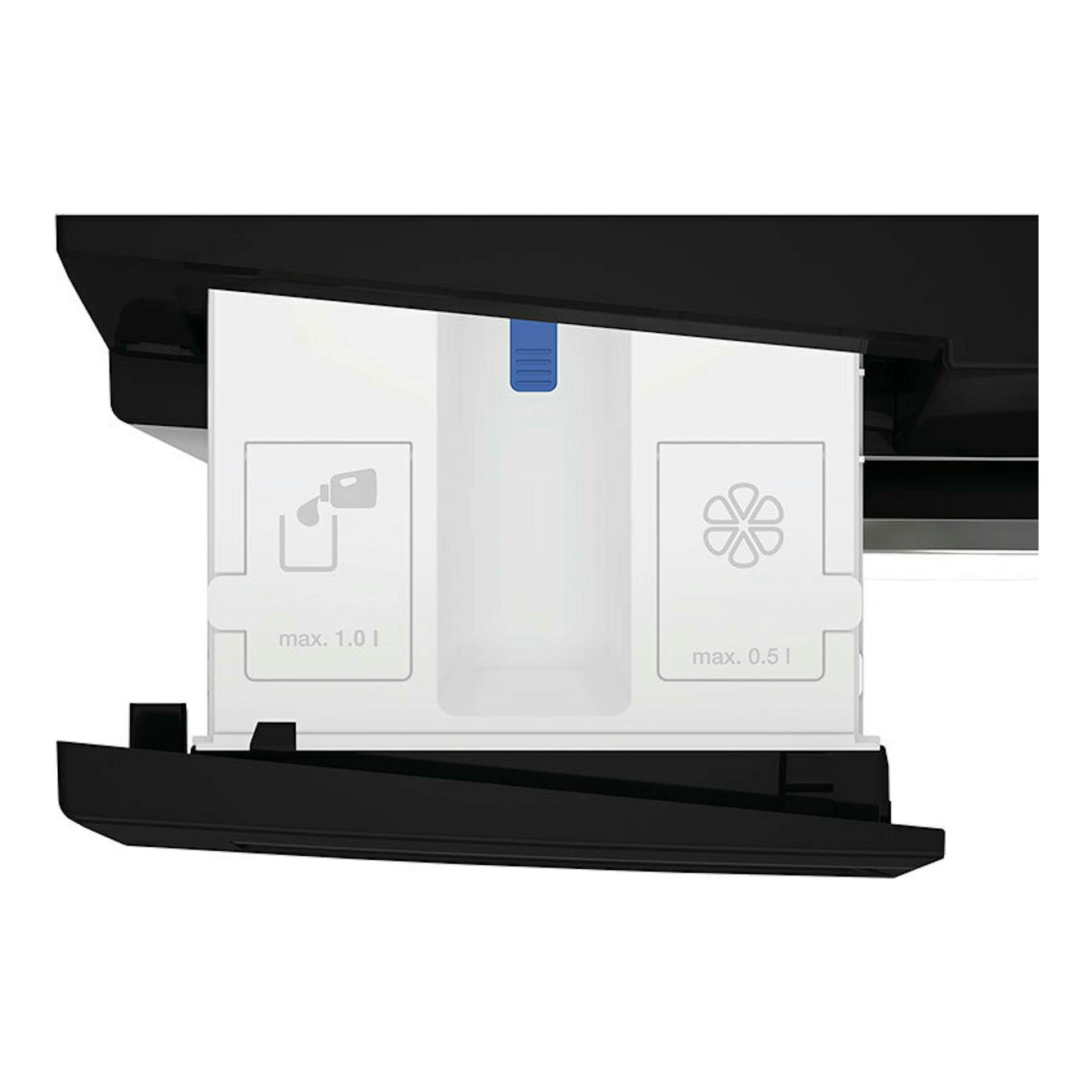 Primer plano del cajón dispensador de lavadora Whirlpool WPM27WADSSPT, blanco y negro.