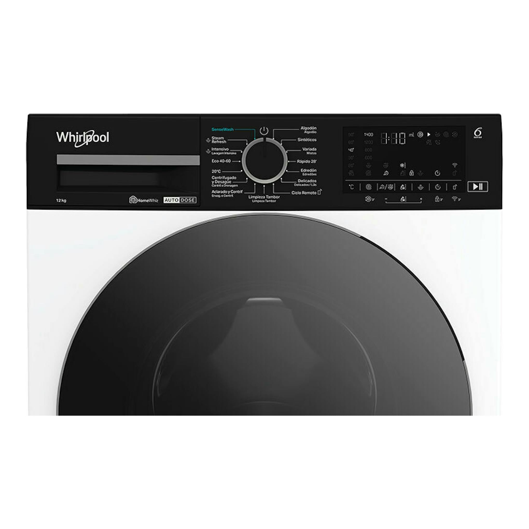 Lavadora Whirlpool WPM27WADSSPT blanca de 12 kg, vista frontal, con panel negro y puerta circular oscura.