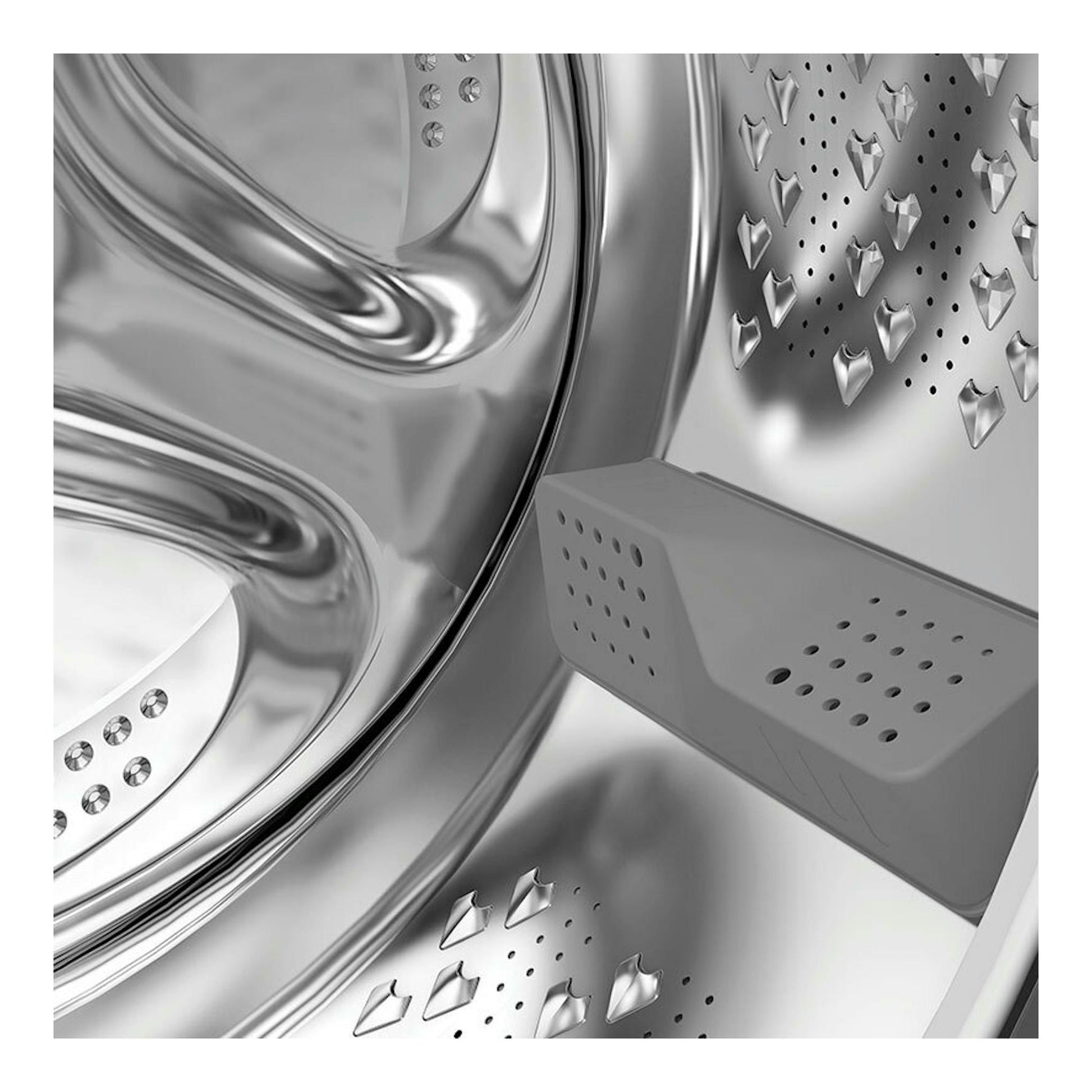 Interior de lavadora Whirlpool WPM27WADSSPT de acero inoxidable, con tambor y aspas perforadas.