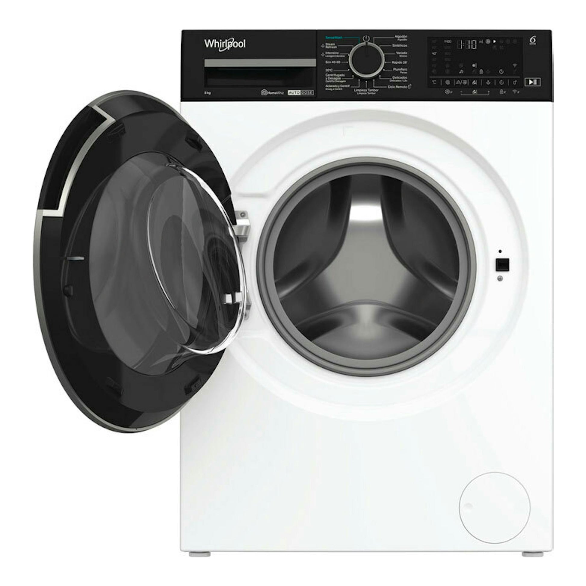 Lavadora frontal Whirlpool WPM87WADSSPT de 8 kg, blanca, con puerta abierta y panel negro.
