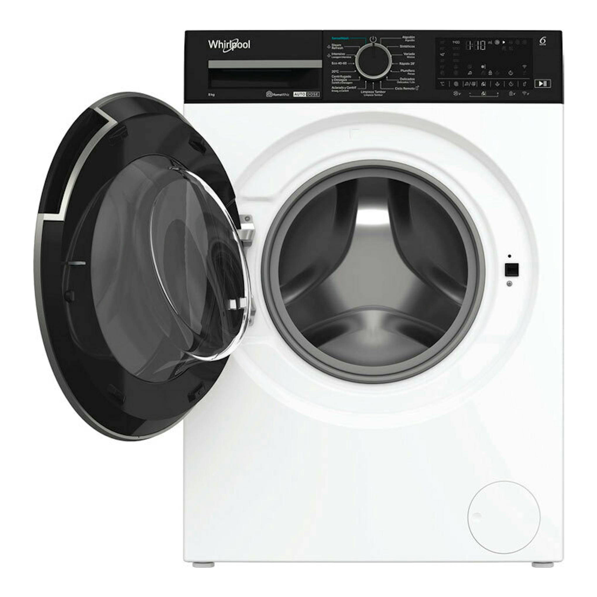 Lavadora frontal Whirlpool WPM87WADSSPT de 8 kg, blanca, con puerta abierta y panel negro.