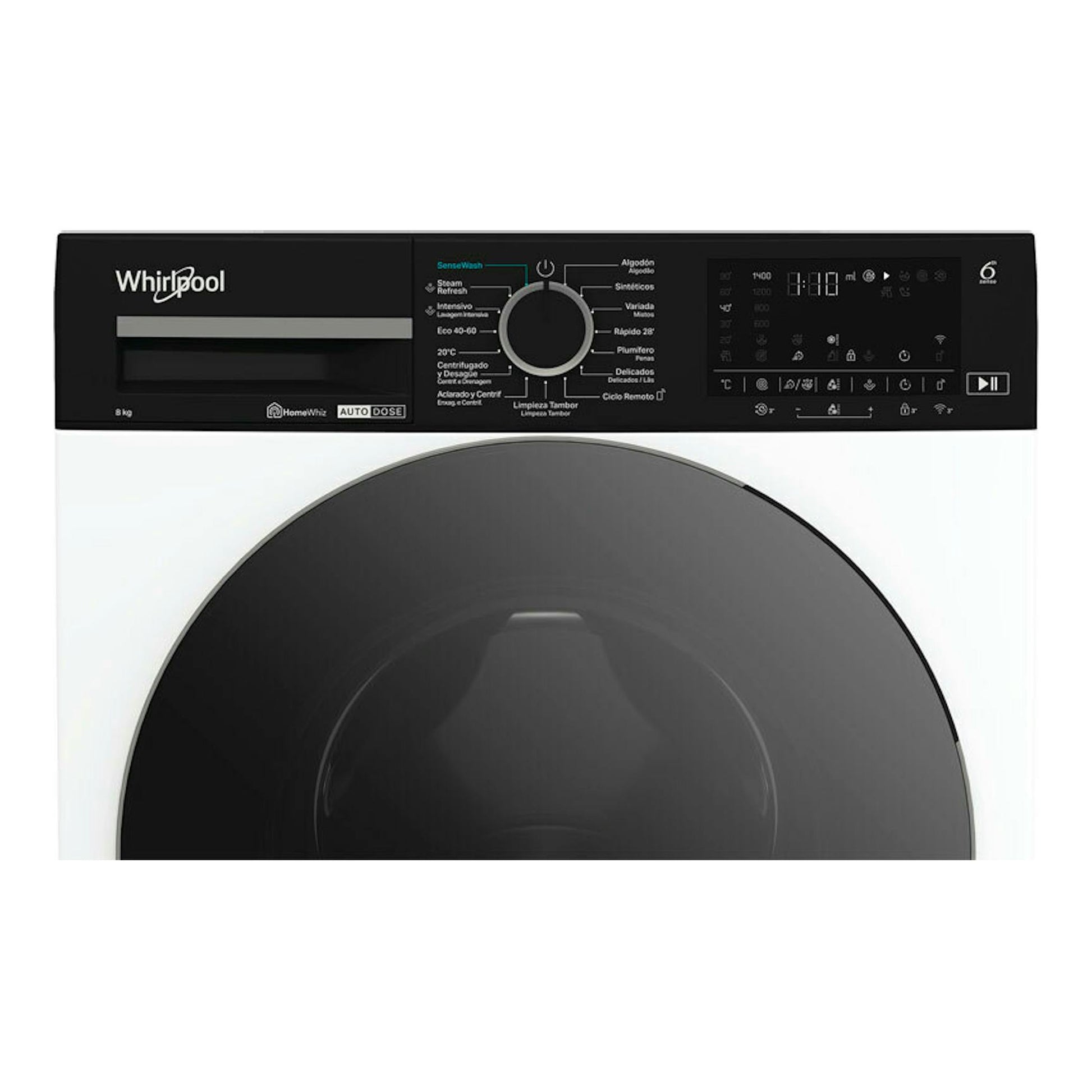 Lavadora Whirlpool WPM87WADSSPT negra, vista frontal, con panel digital y puerta circular.