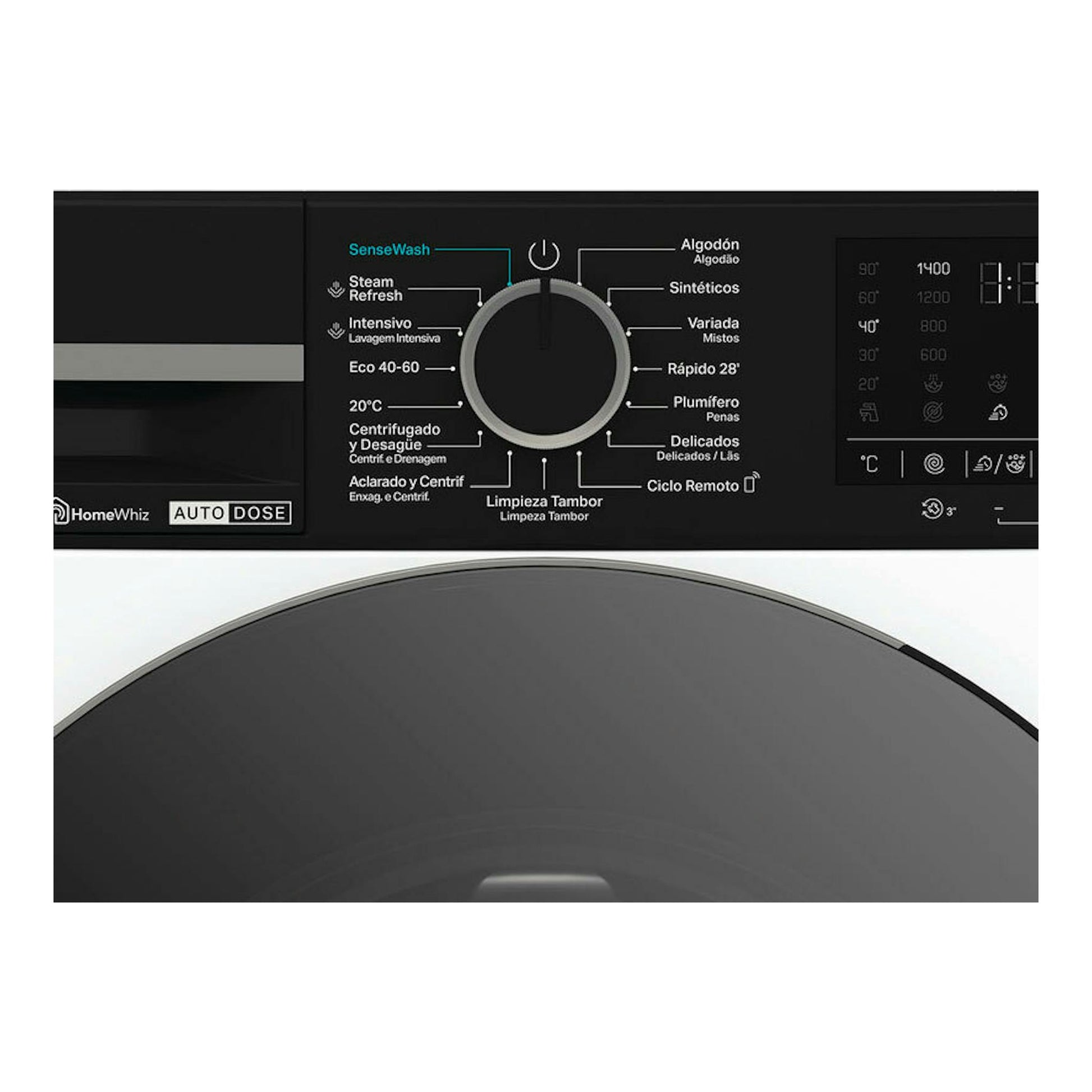 Lavadora Whirlpool WPM87WADSSPT negra, vista frontal del panel de control con selector central y pantalla digital.
