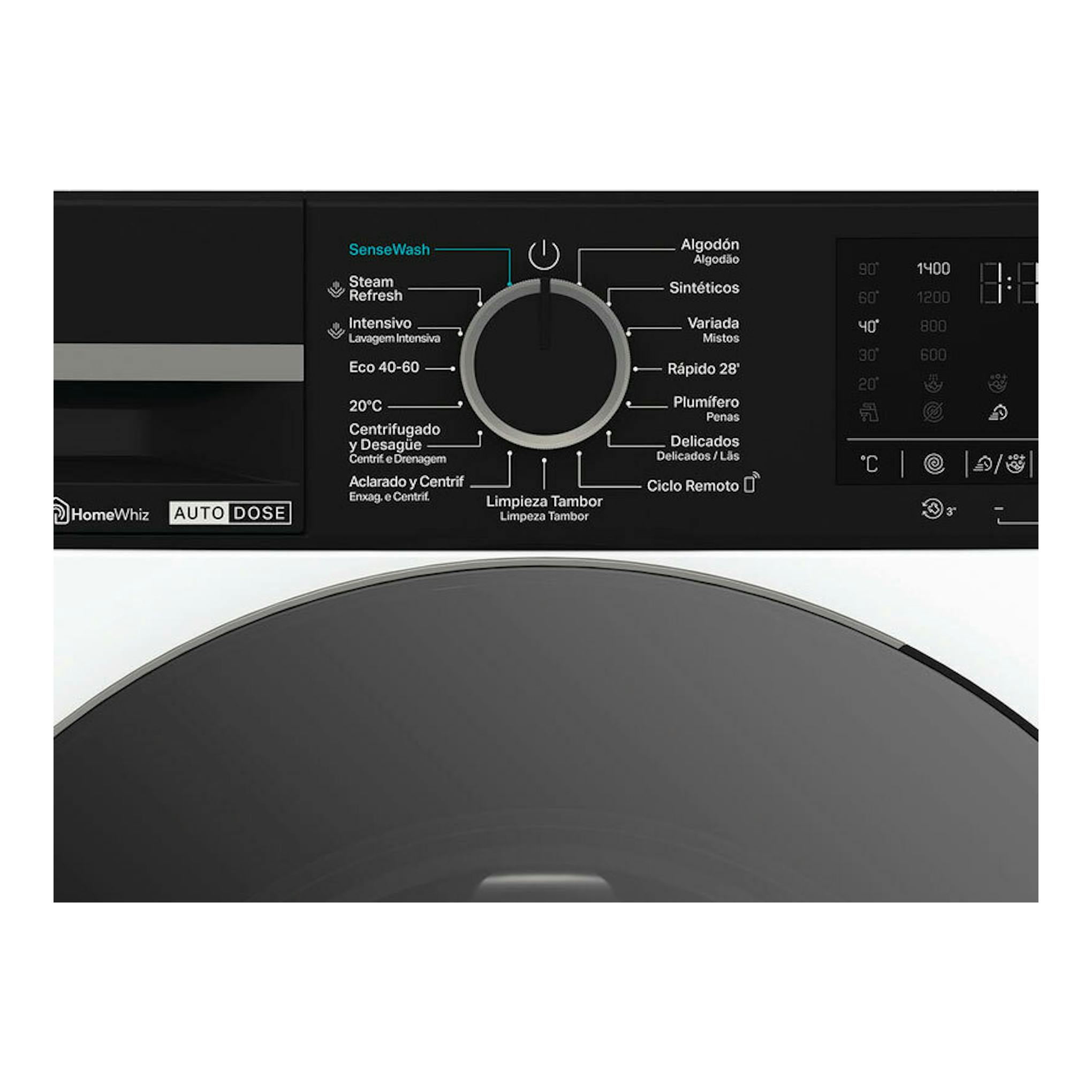 Lavadora Whirlpool WPM87WADSSPT negra, vista frontal del panel de control con selector central y pantalla digital.