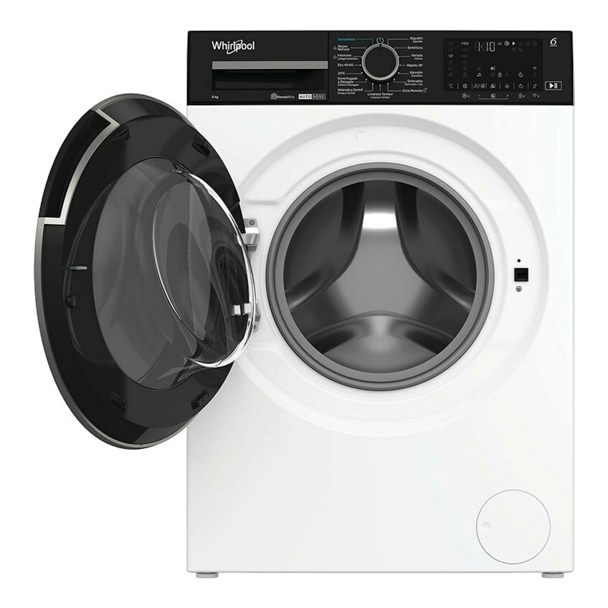 Lavadora frontal Whirlpool WPM911WADSSPT 9 kg, blanca y negra, vista frontal con puerta abierta.