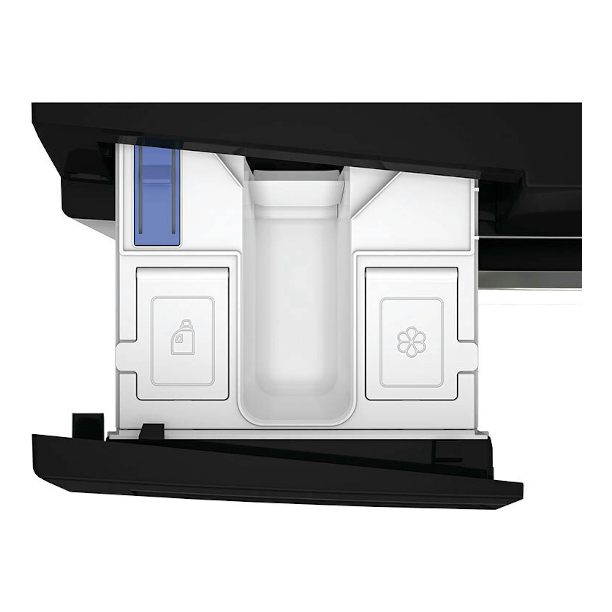 Whirlpool WPM911WADSSPT: vista frontal del cajón dispensador de una lavadora blanca y negra, con compartimentos.