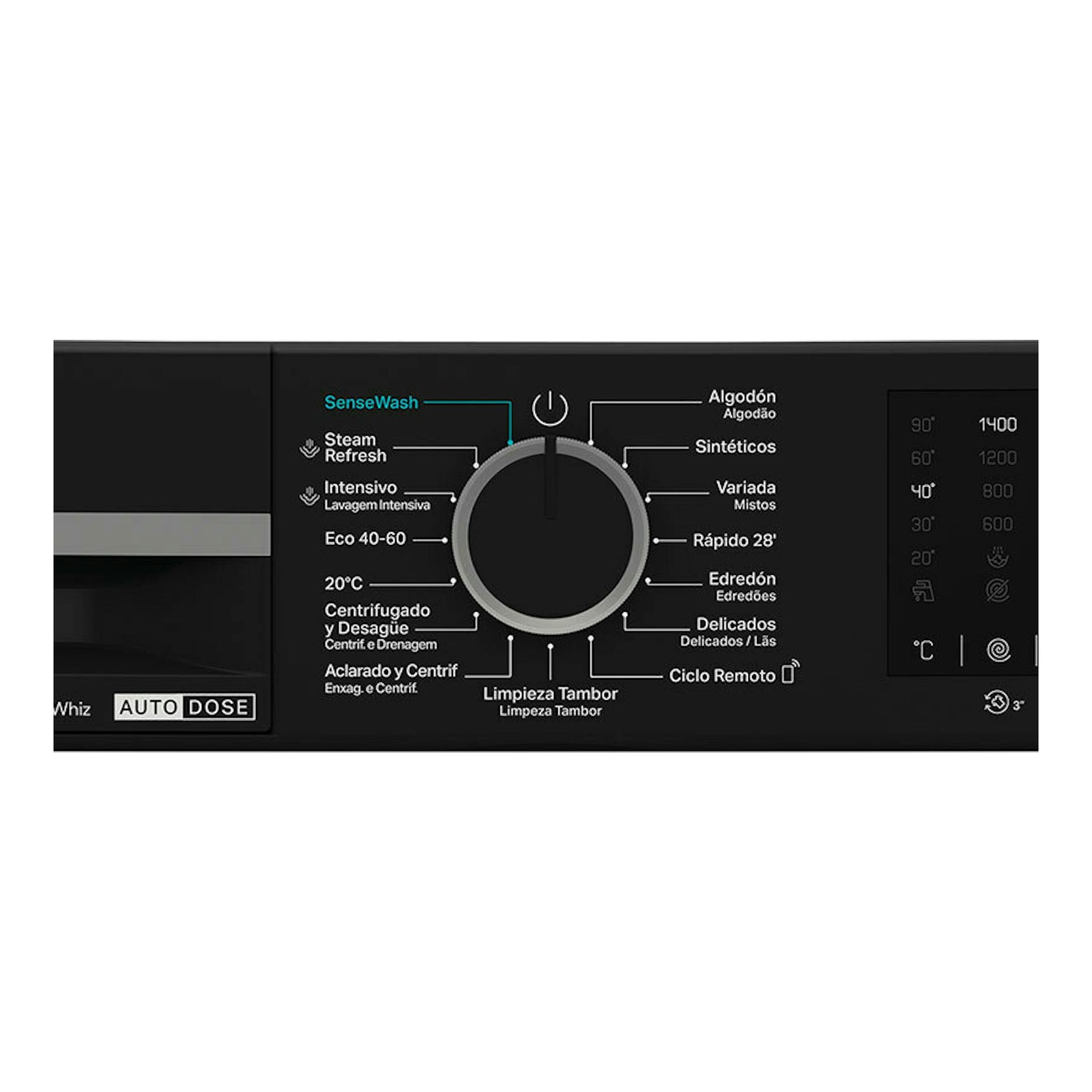 Vista frontal del panel de control de la lavadora Whirlpool WPM911WADSSPT negra, con selector central y display digital.