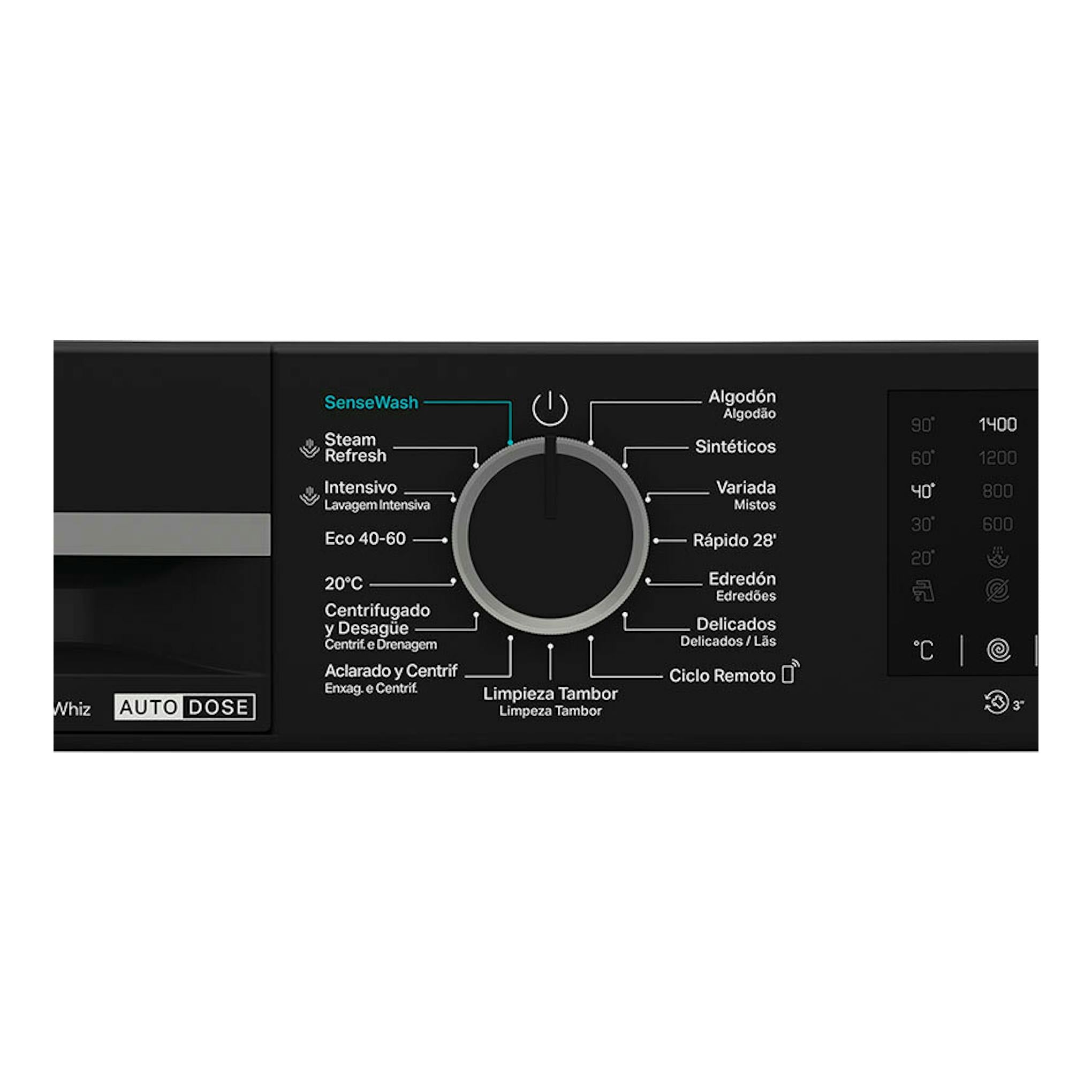 Vista frontal del panel de control de la lavadora Whirlpool WPM911WADSSPT negra, con selector central y display digital.