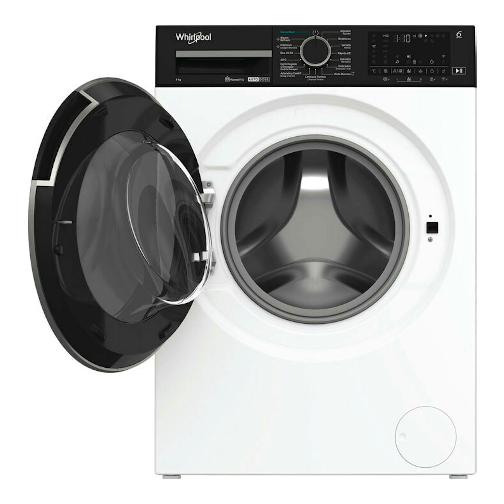 Lavadora frontal Whirlpool WPM97WADSSPT blanca y negra, vista frontal, con puerta abierta.