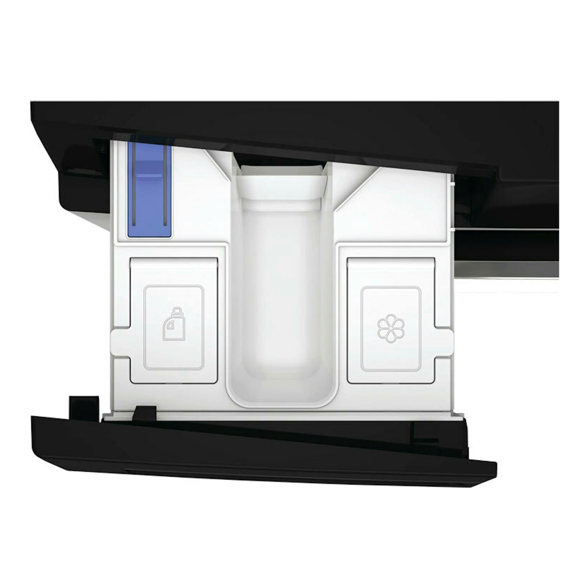 Detalle del cajón dispensador de una lavadora Whirlpool WPM97WADSSPT, vista frontal, blanco y negro.